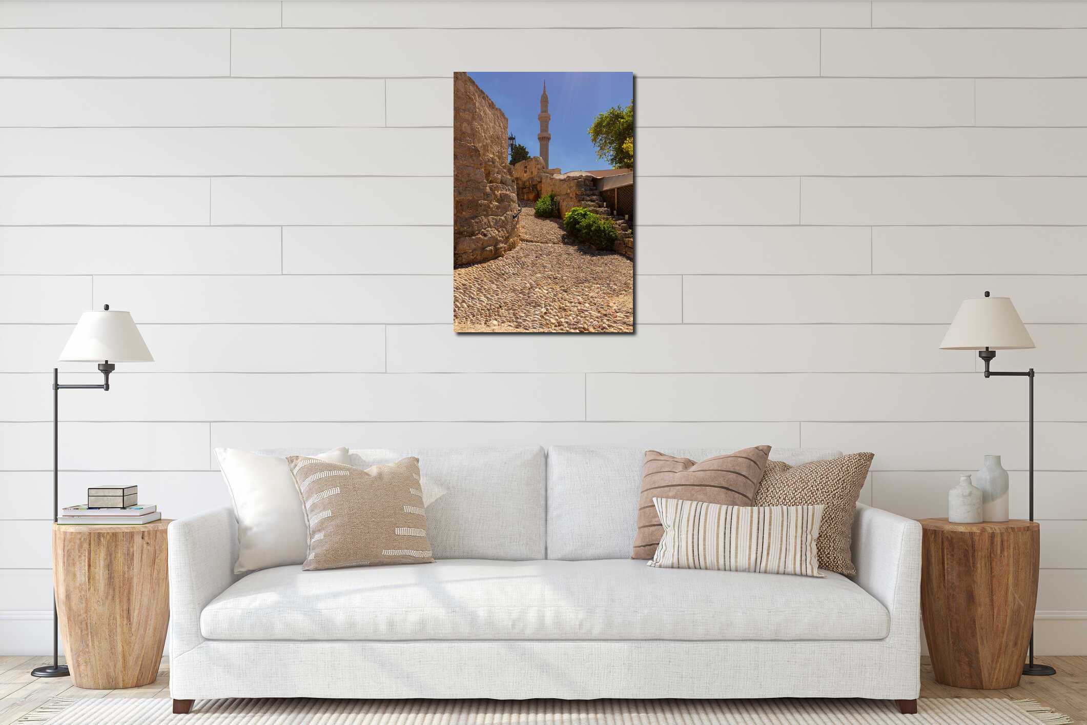 Stone Path and Mosque Minaret in Rhodes, Greece interior mockup