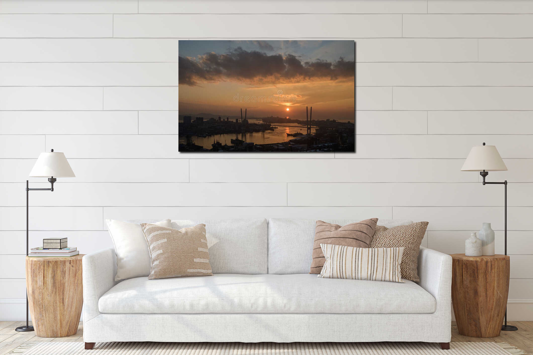 Dramatic sunset over the Golden Horn bay: a battle of golden light and clouds interior mockup