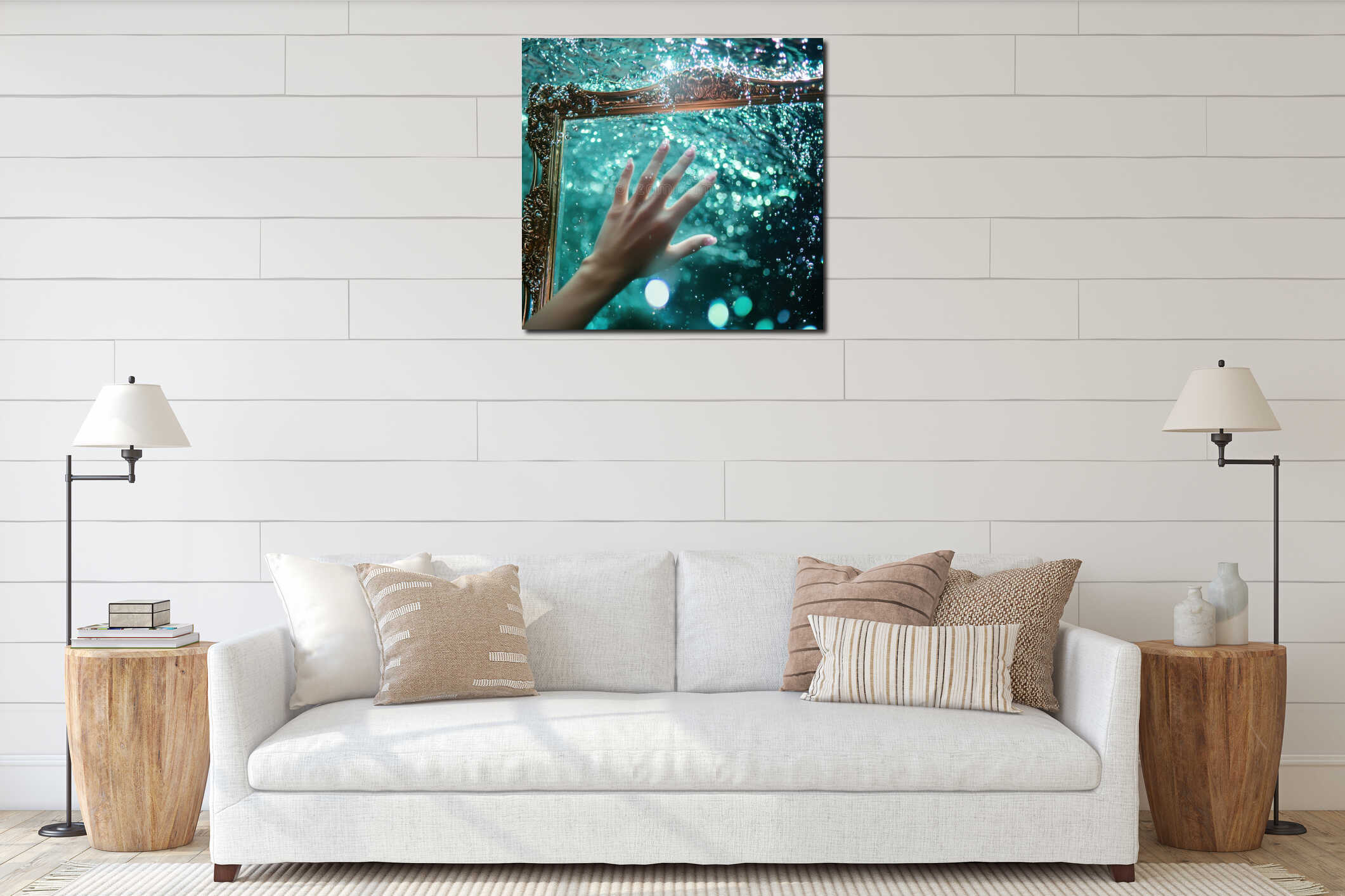 Human hand touching an ornate antique mirror or picture frame submerged in sparkling turquoise water with effervescent bubbles interior mockup
