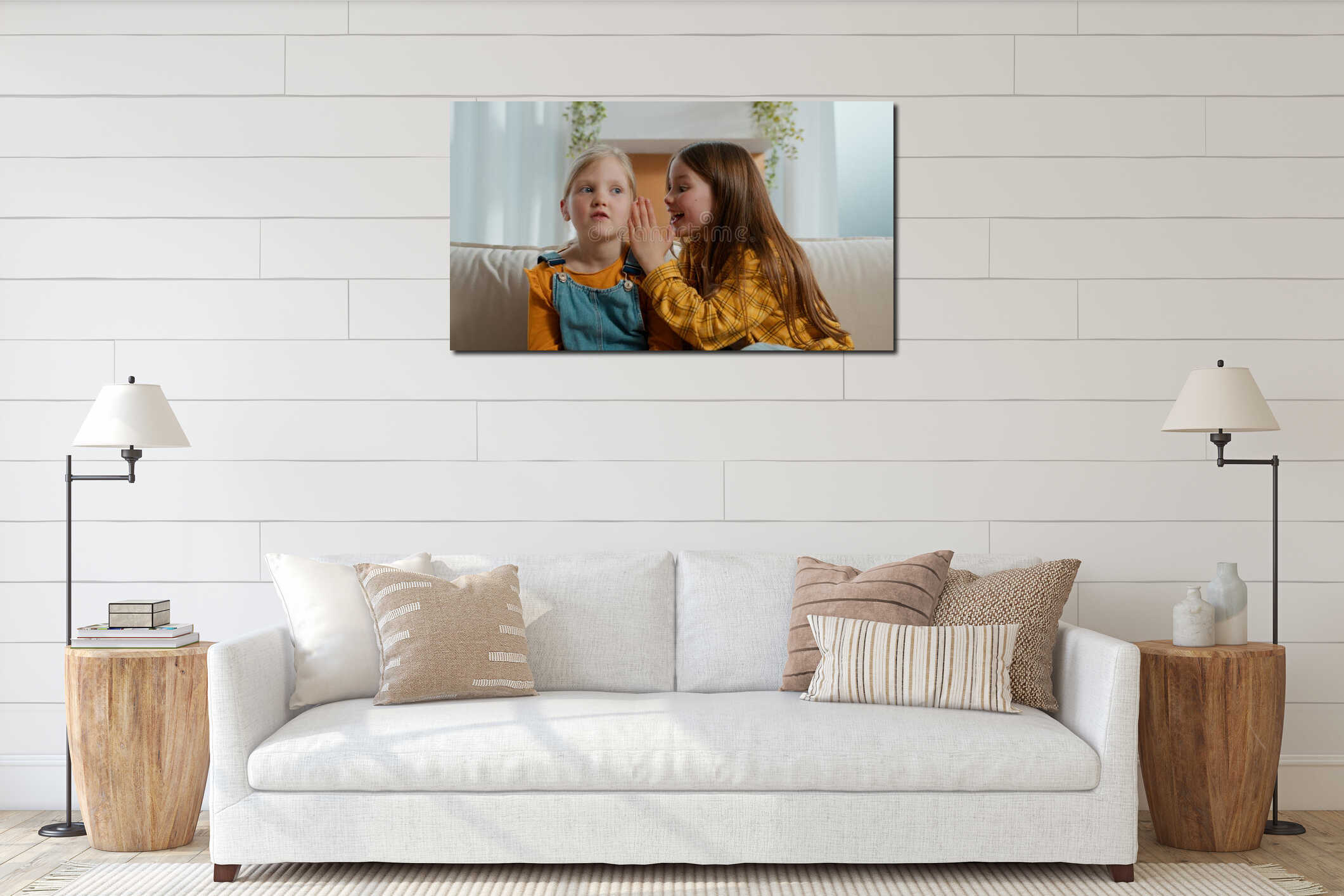Close up two cute funny Caucasian kids girls children whispering secret amazed reaction surprised sisters siblings interior mockup