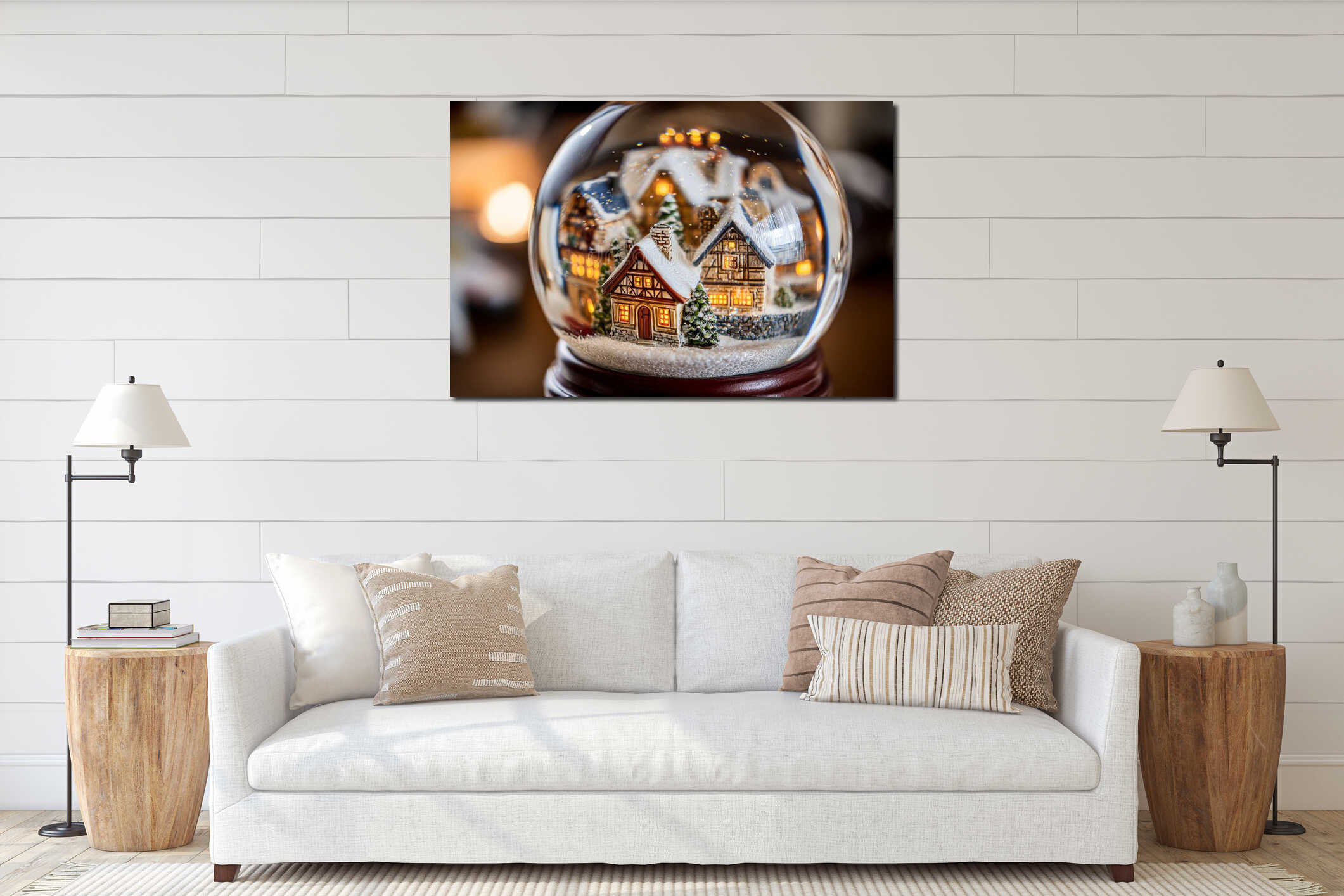 Snow globe featuring alpine village rooftops covered in snow, warm window lights interior mockup