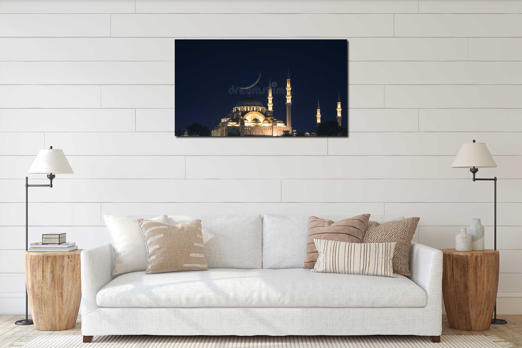 Islamic concept image. Suleymaniye Mosque and crescent moon interior mockup