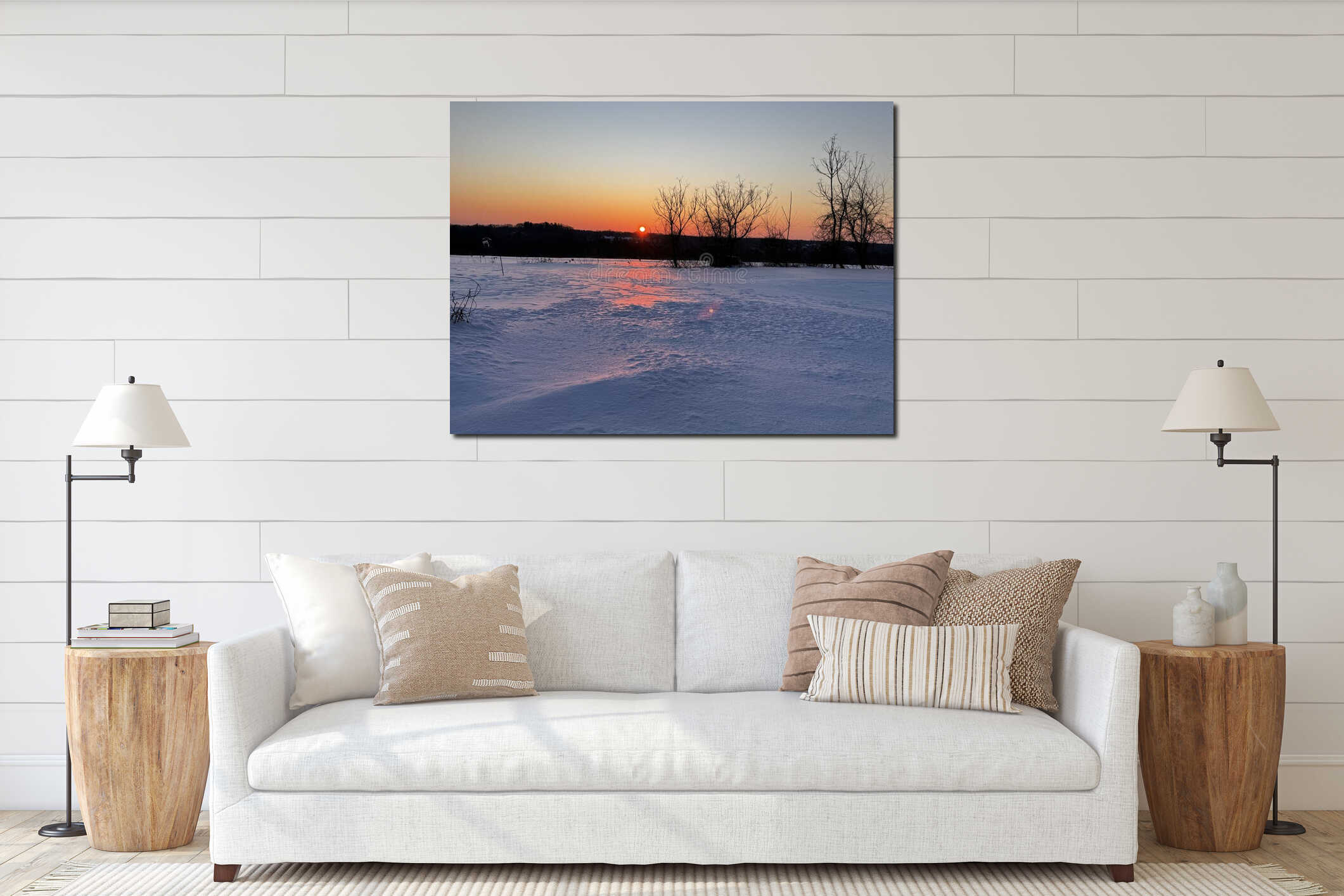sunrise glare over fresh snow covered field interior mockup