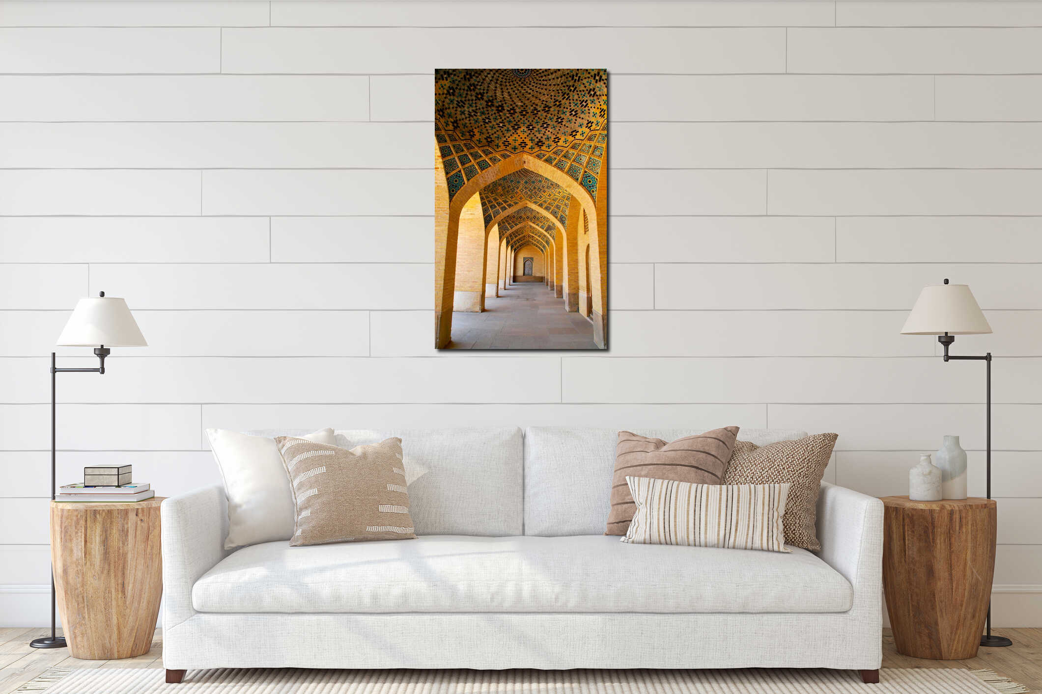 Persian arched corridor with geometric tile patterns and brick vaults interior mockup