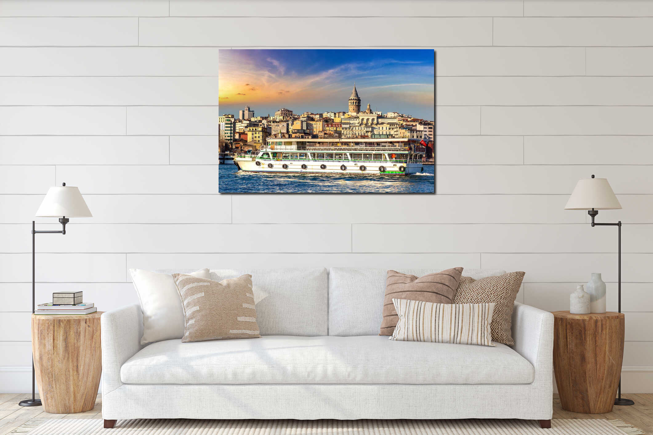 Passenger ferry in a gulf of the Golden Horn and Galata tower in Istanbul, Turkey interior mockup