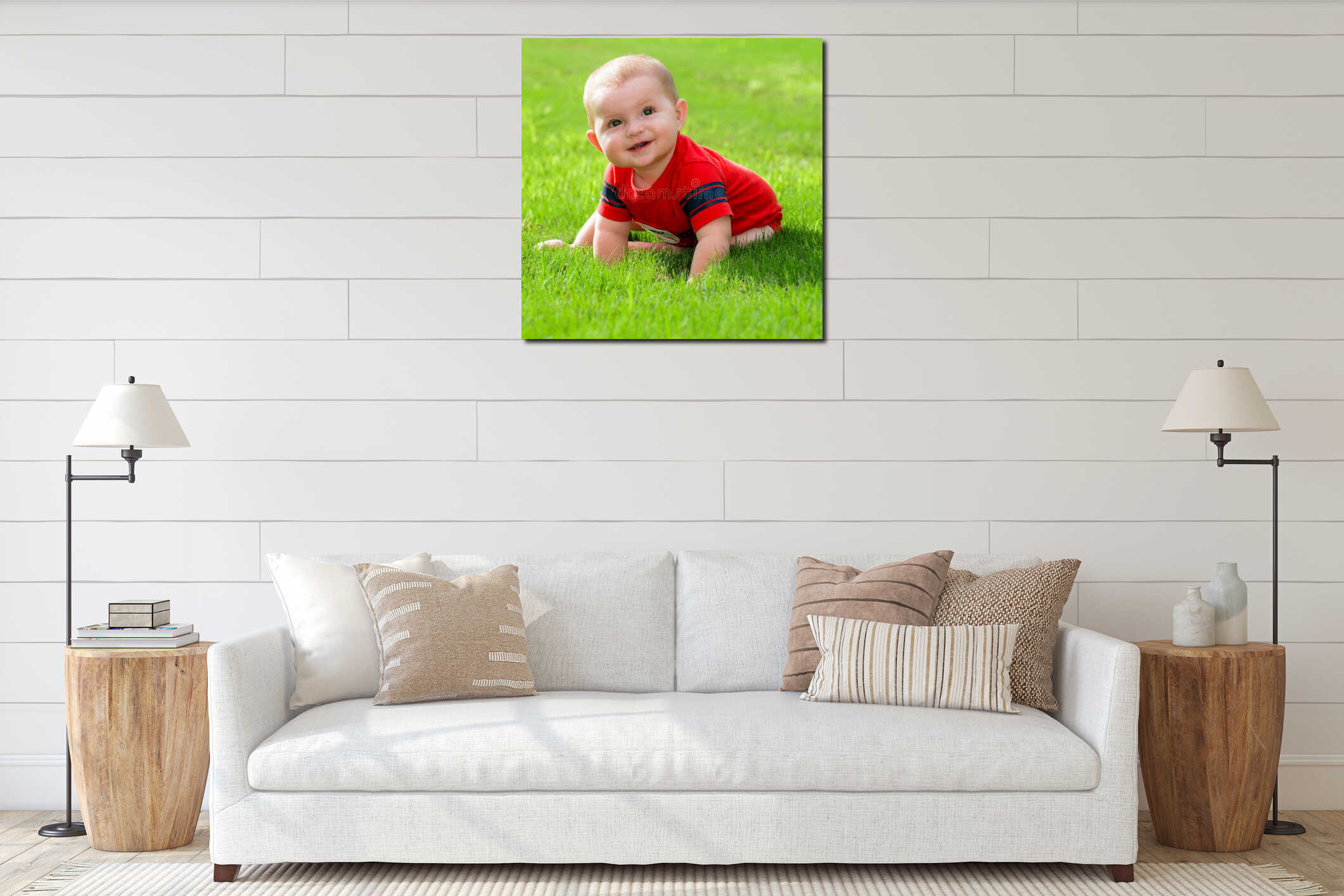 Summer portrait of happy baby boy infant outdoors interior mockup