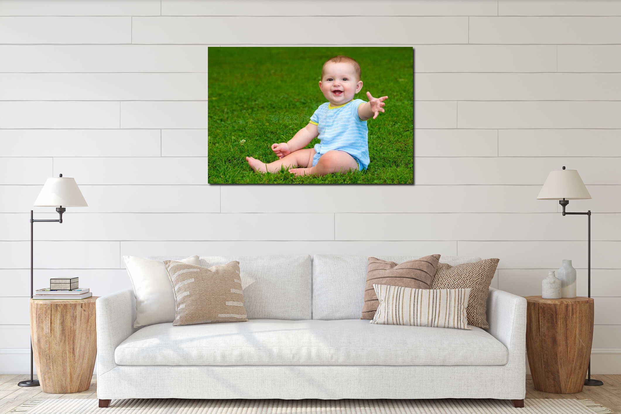 Summer portrait of happy baby boy infant outdoors interior mockup