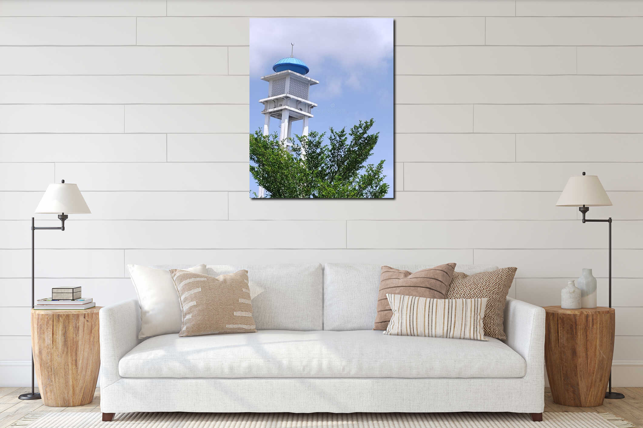 Islamic Minaret with Blue Dome Against a Cloudy Sky interior mockup