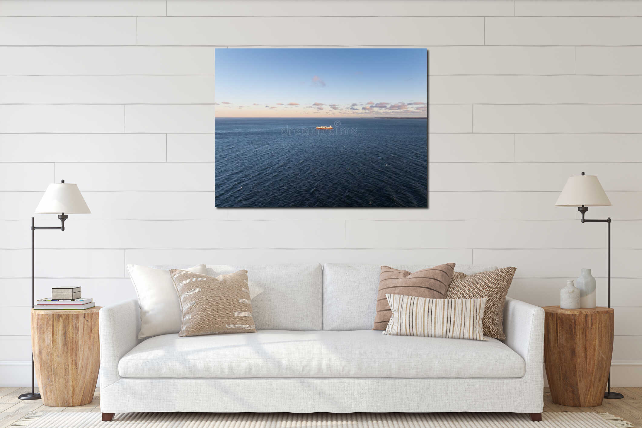 Aerial high angle view of a large white and orange cargo ship navigating through the calm blue Baltic Sea waters interior mockup