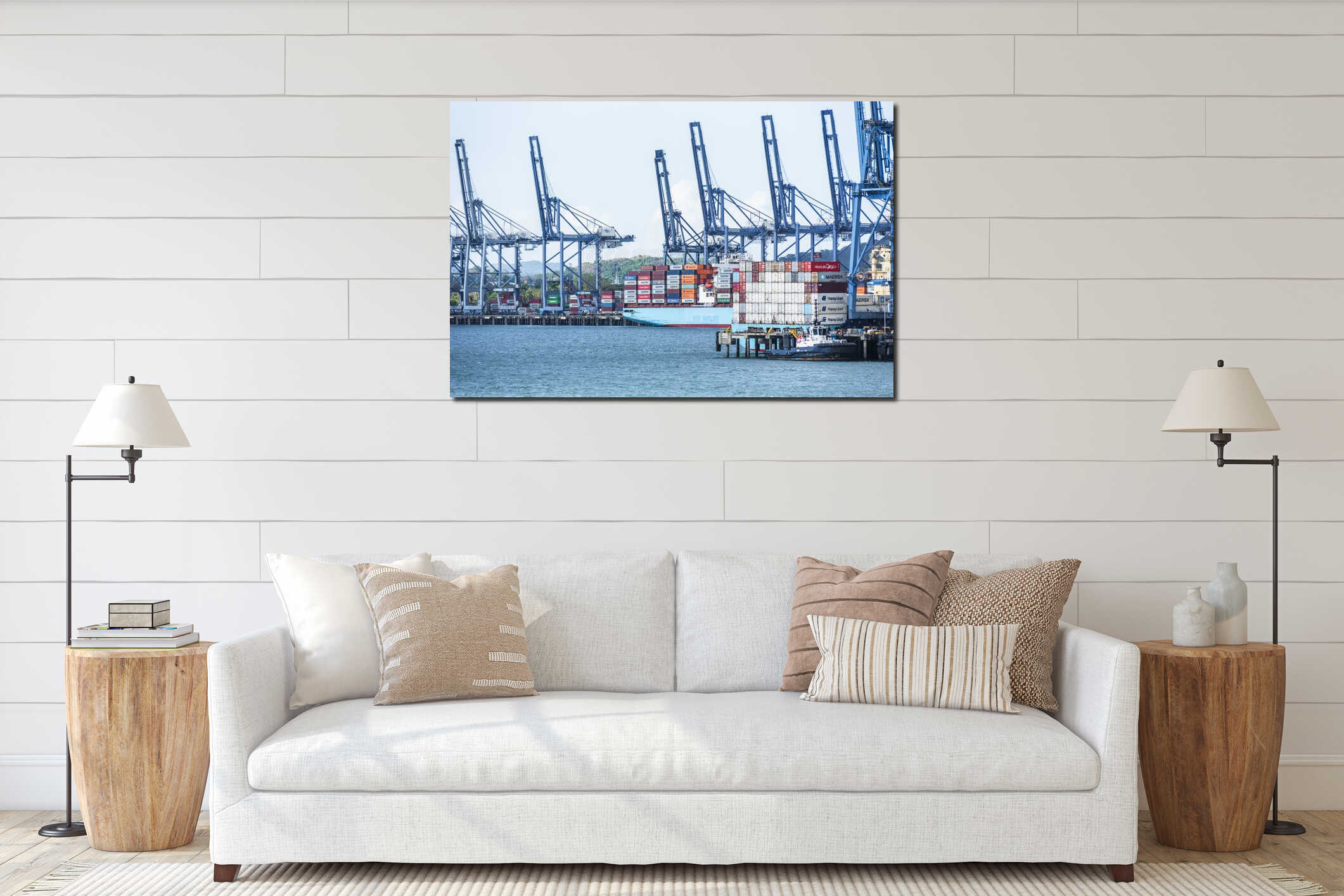 Panoramic view of the container terminal in Balboa, Panama, with cargo ships moored at the port. interior mockup