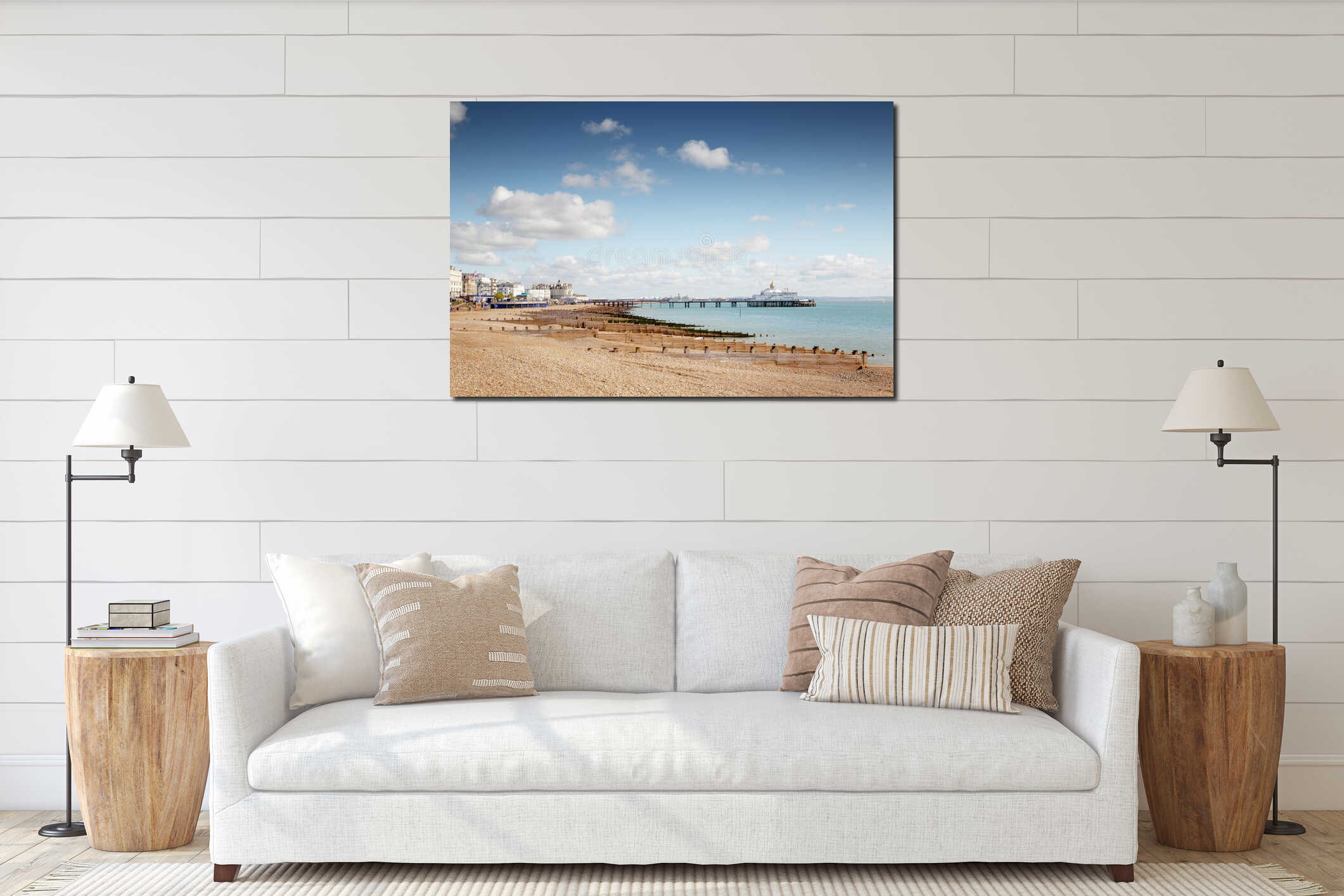 Sunny Seaside Town Beach With Pier And Historic Buildings Along a Calm English Coastline interior mockup