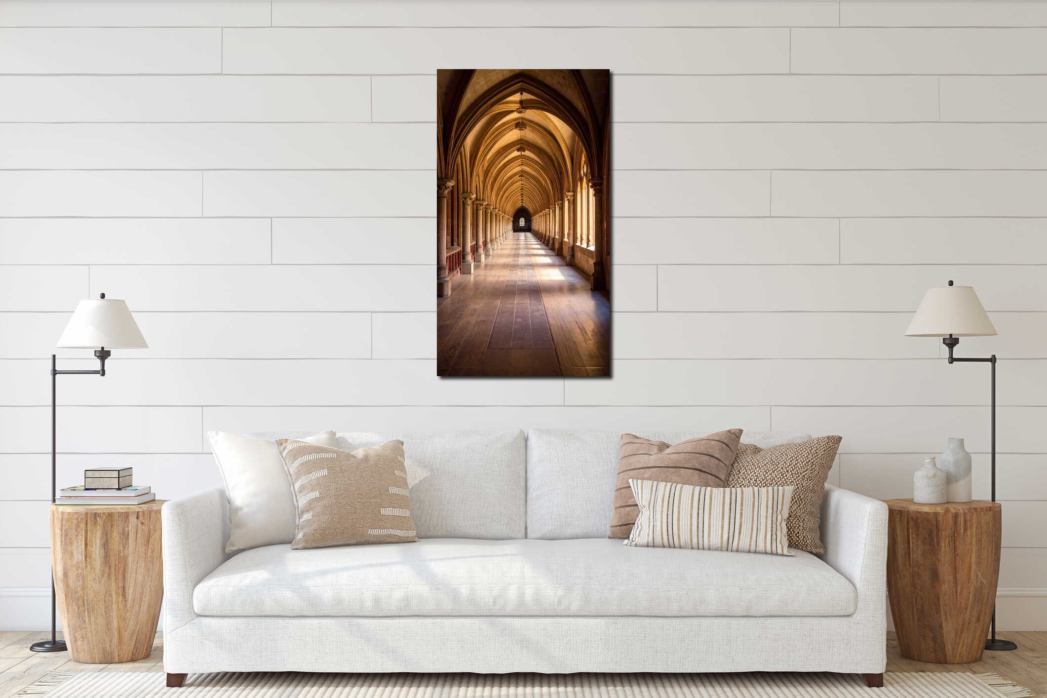 Long arched corridor with columns and sunlight illuminating the stone architecture interior mockup