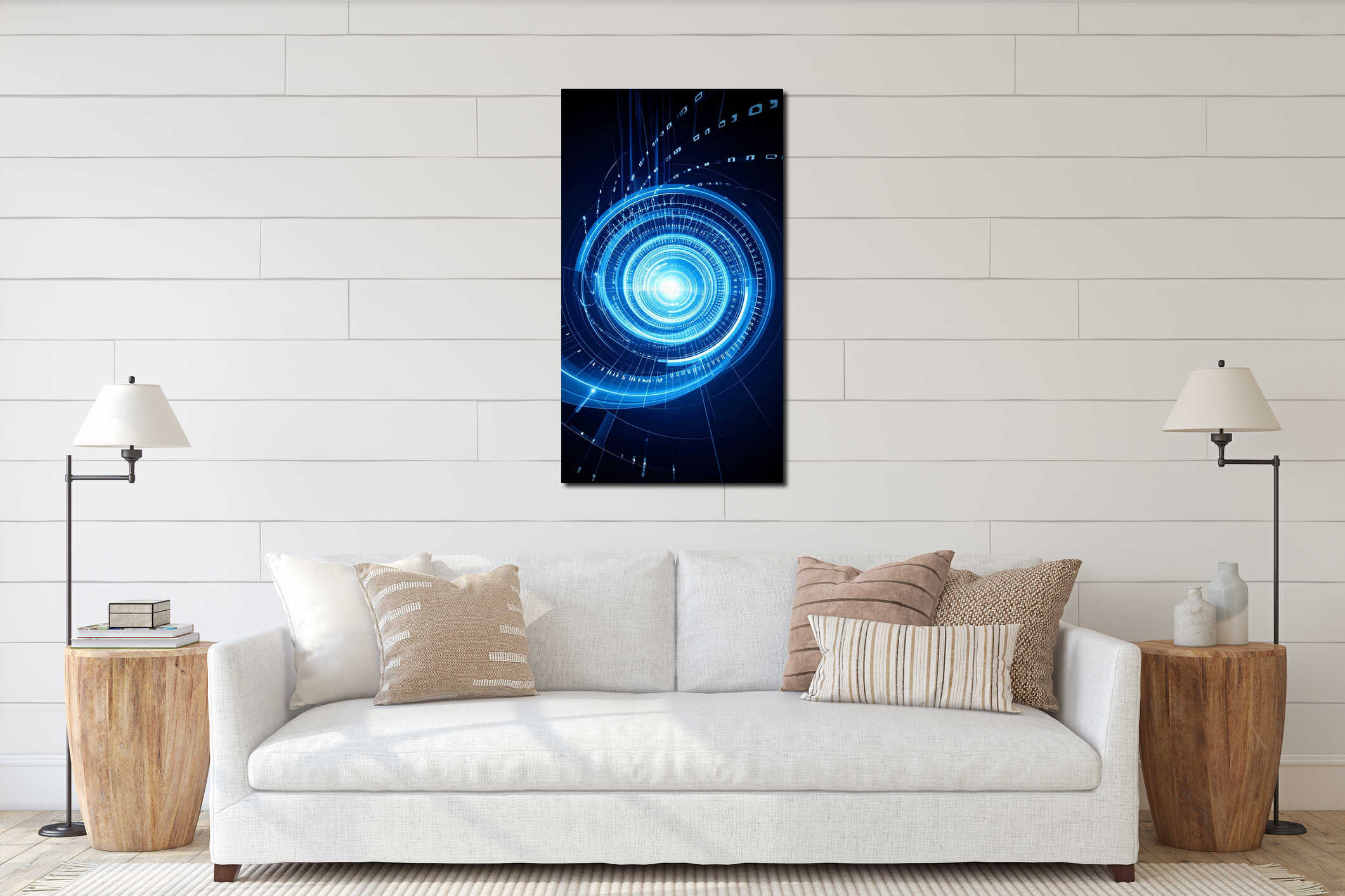 Abstract digital spiral with binary code, futuristic technology concept, blue glow on dark background. interior mockup