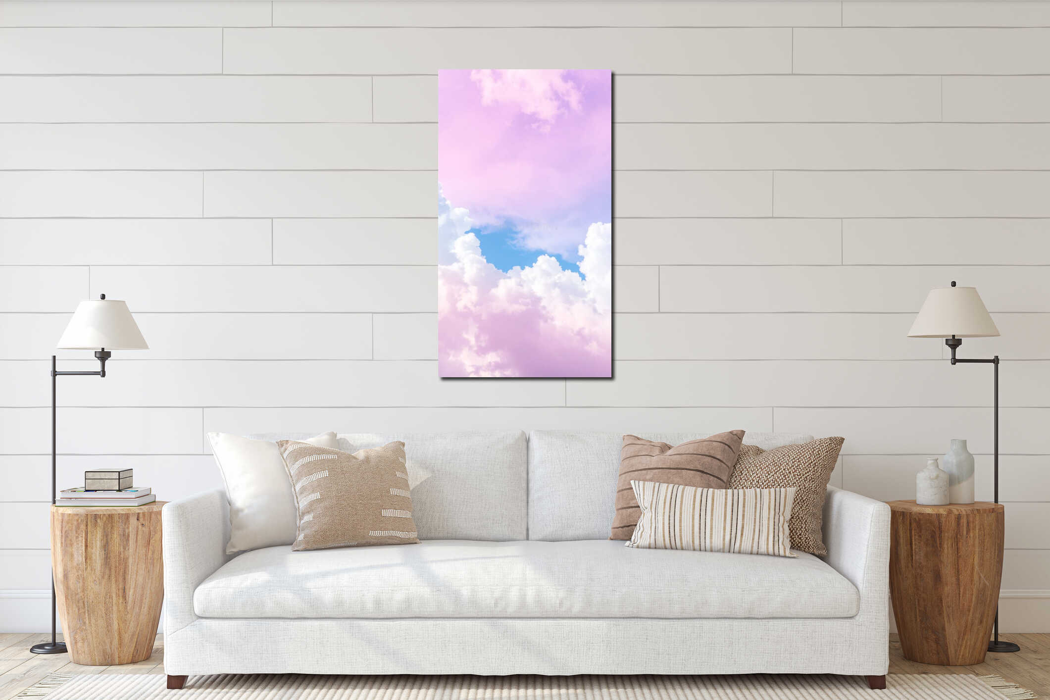 Abstract pastel sky with fluffy clouds, blue sky peeking through, vertical composition. interior mockup