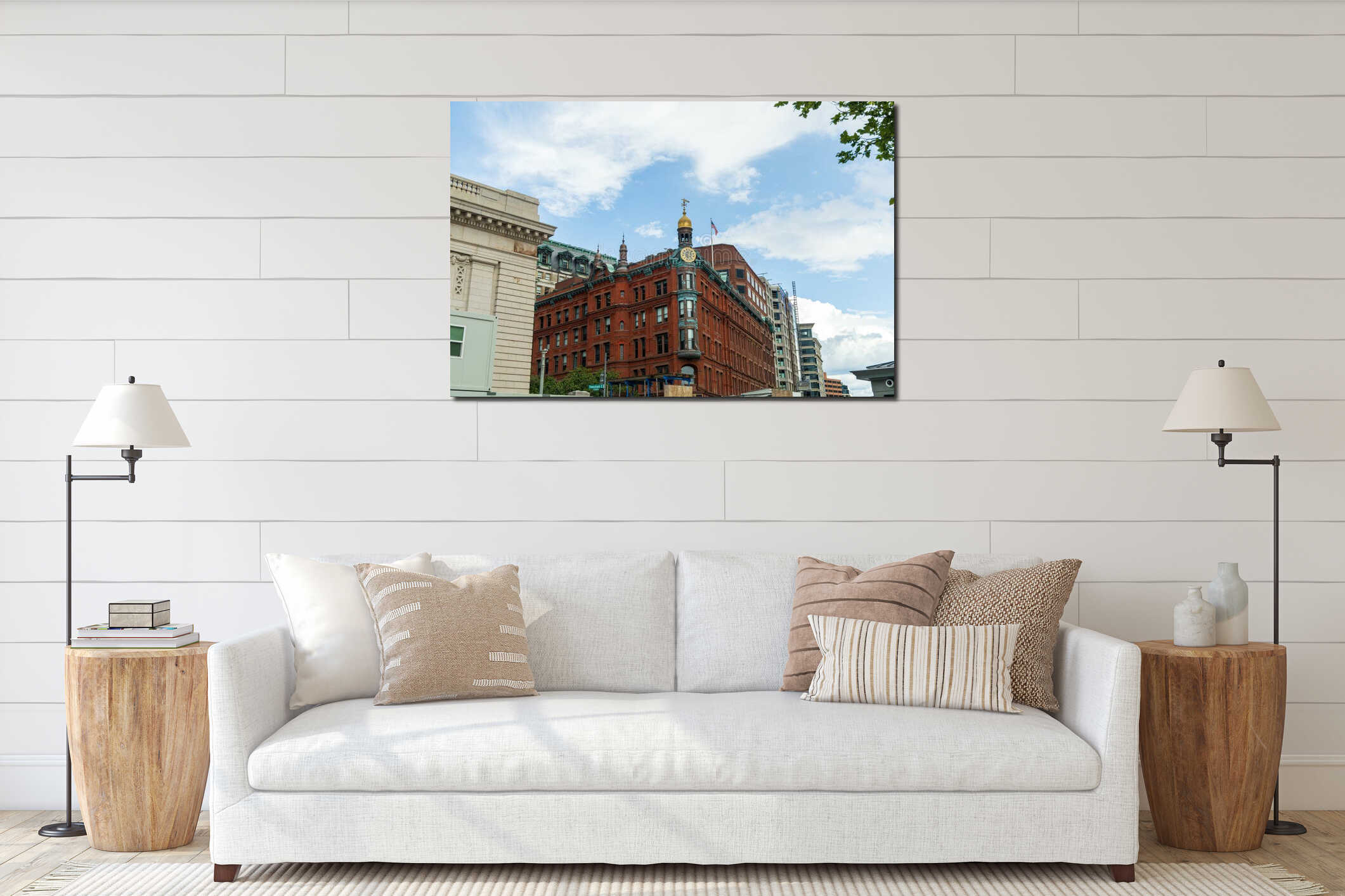 A large red building with a clock on top interior mockup