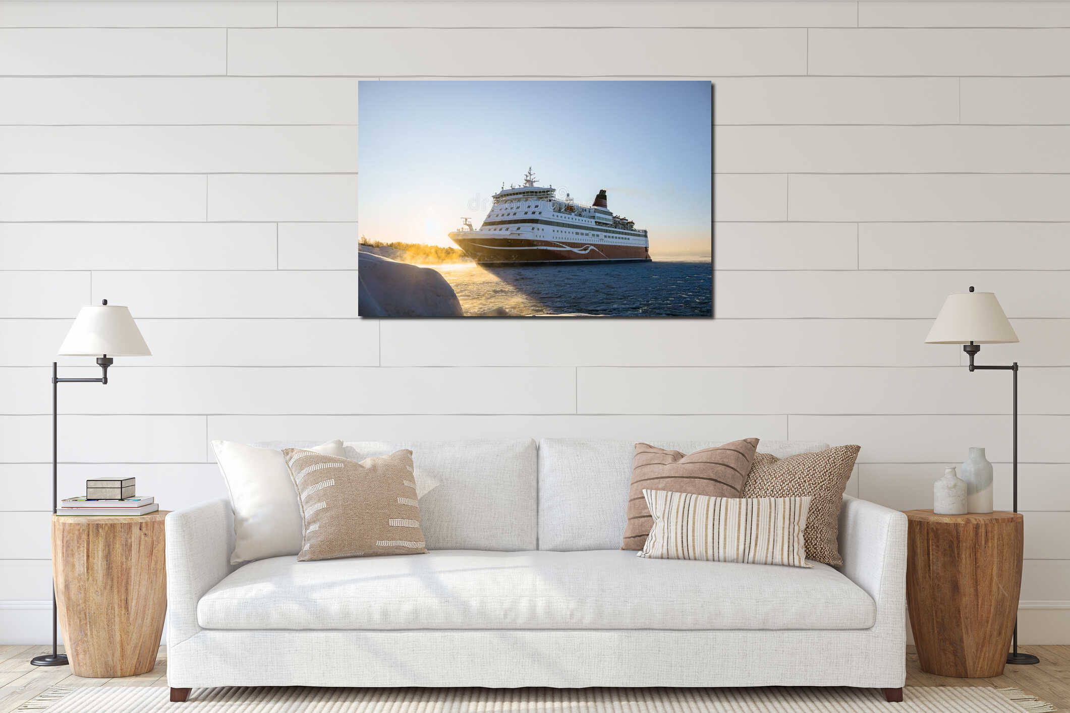 Large passenger ferry sailing through icy sea at sunrise in Nordic winter landscape interior mockup