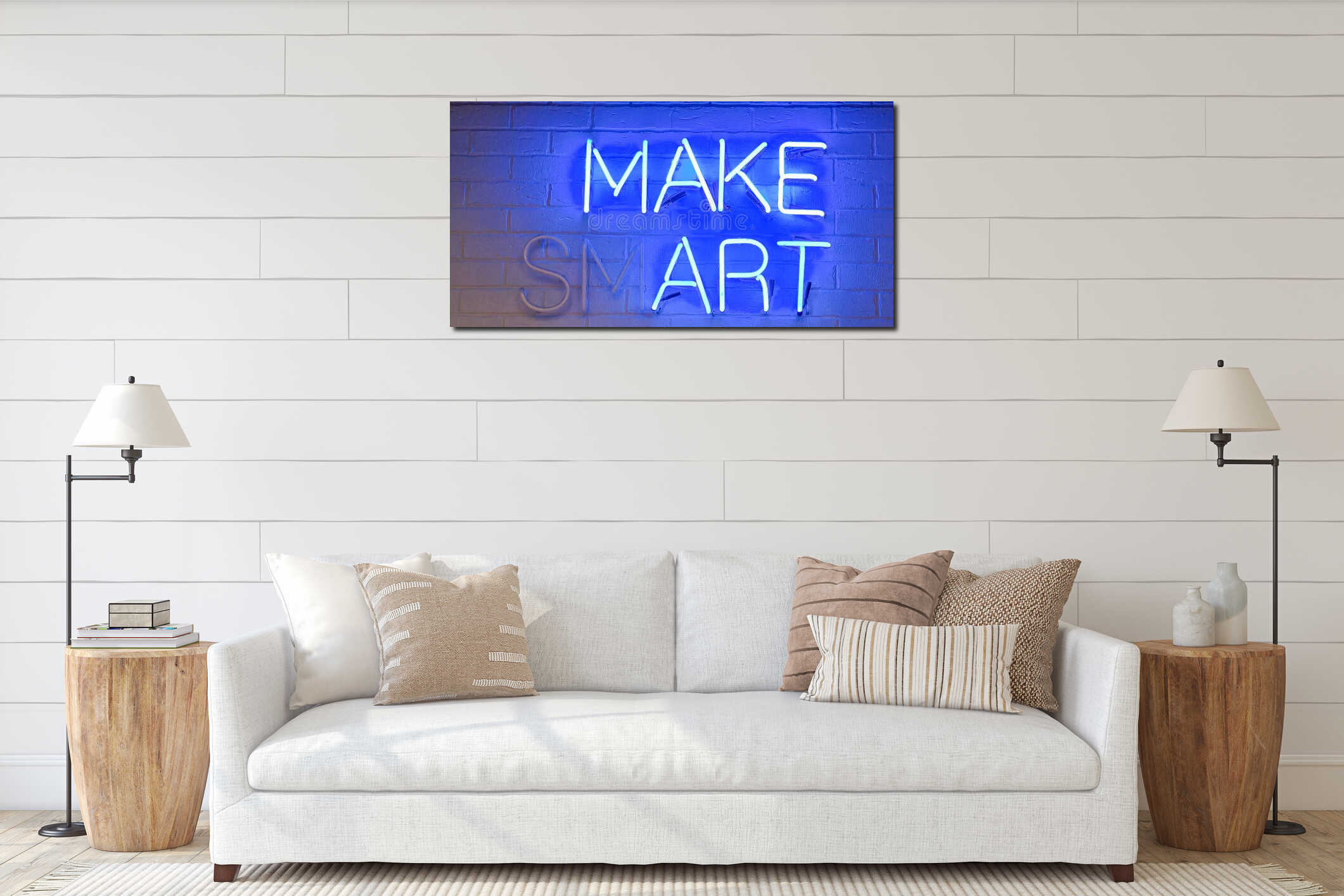 Blue neon sign on white brick wall reading Make Smart transforming into Make Art interior mockup