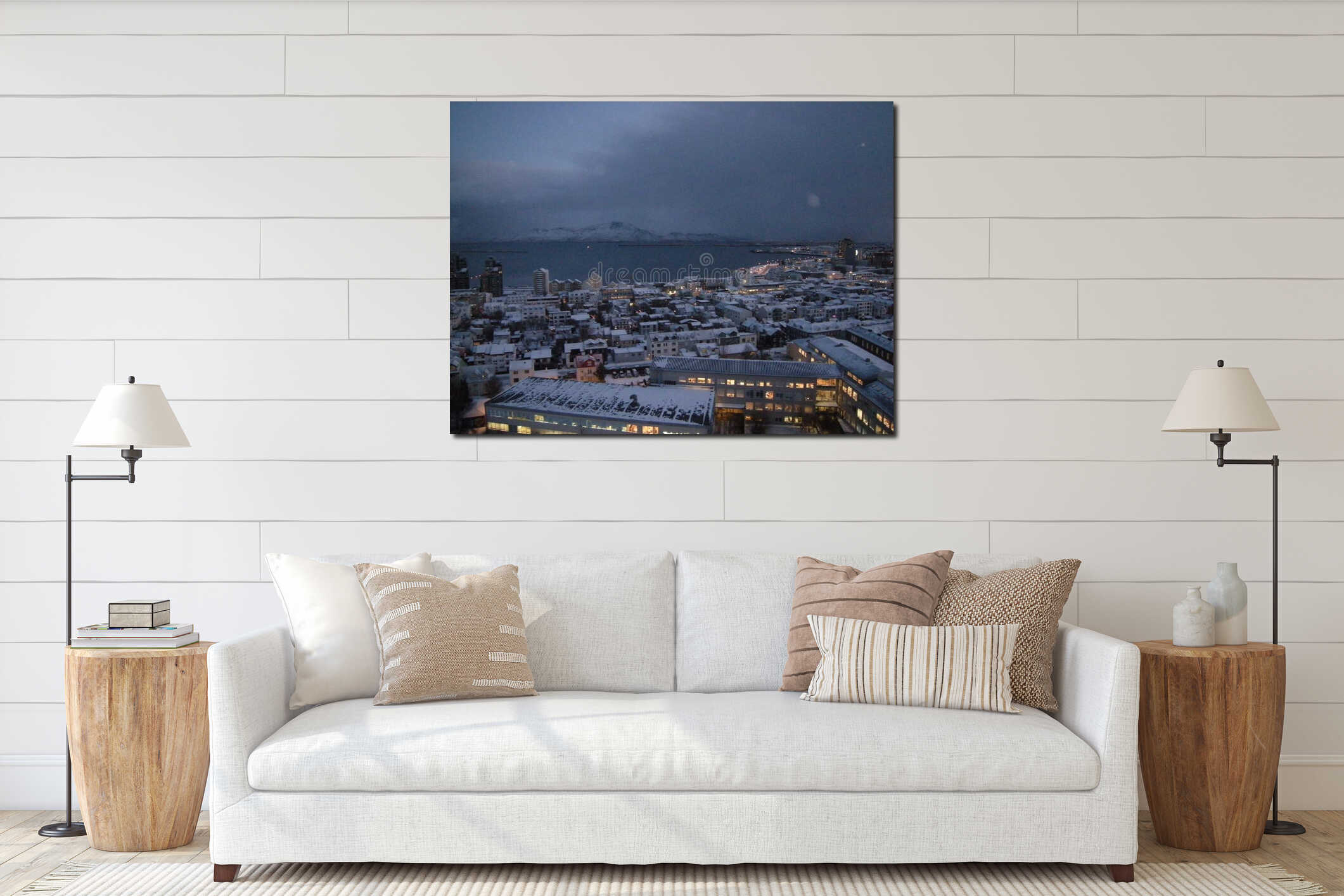Reykjavik, Iceland, viewed before sunrise with a snowy landscape interior mockup