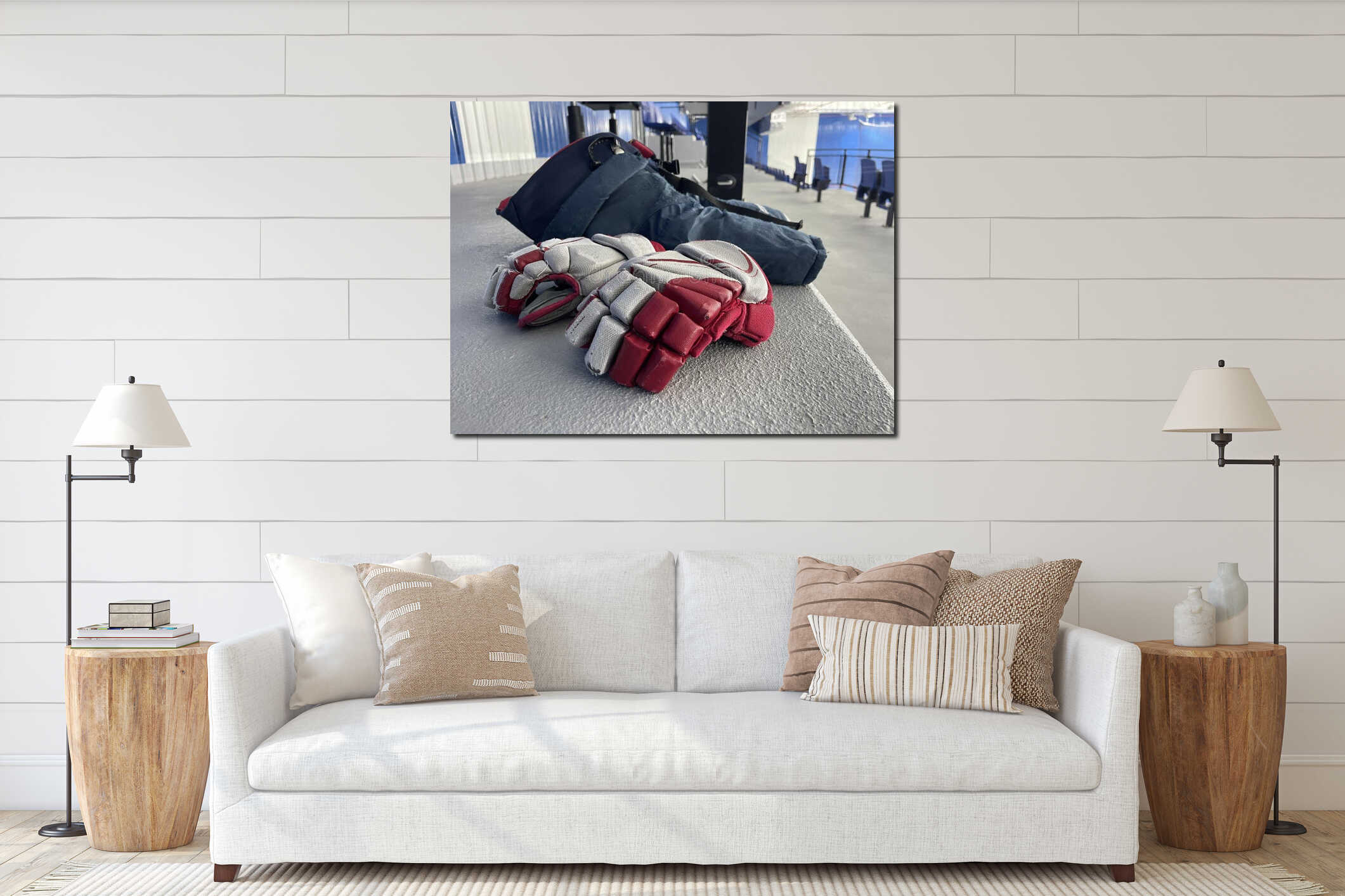 hockey guard and skates in ice stadium interior mockup