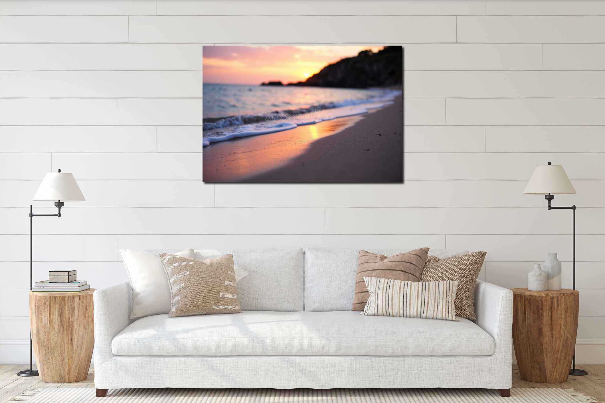 Sunset beach shoreline with gentle waves and warm pastel sky and reflections interior mockup