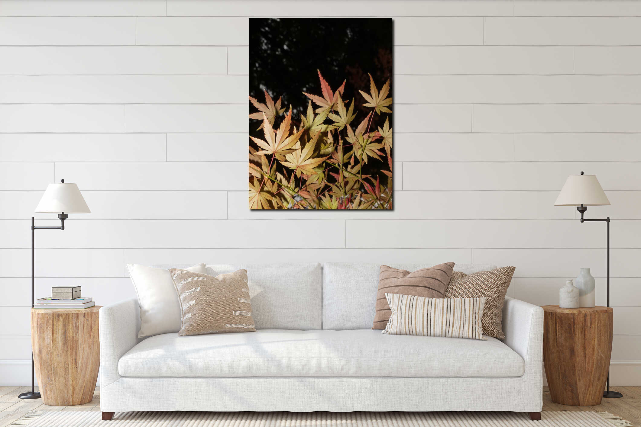 Close-up of red maple leaves on thin branches interior mockup