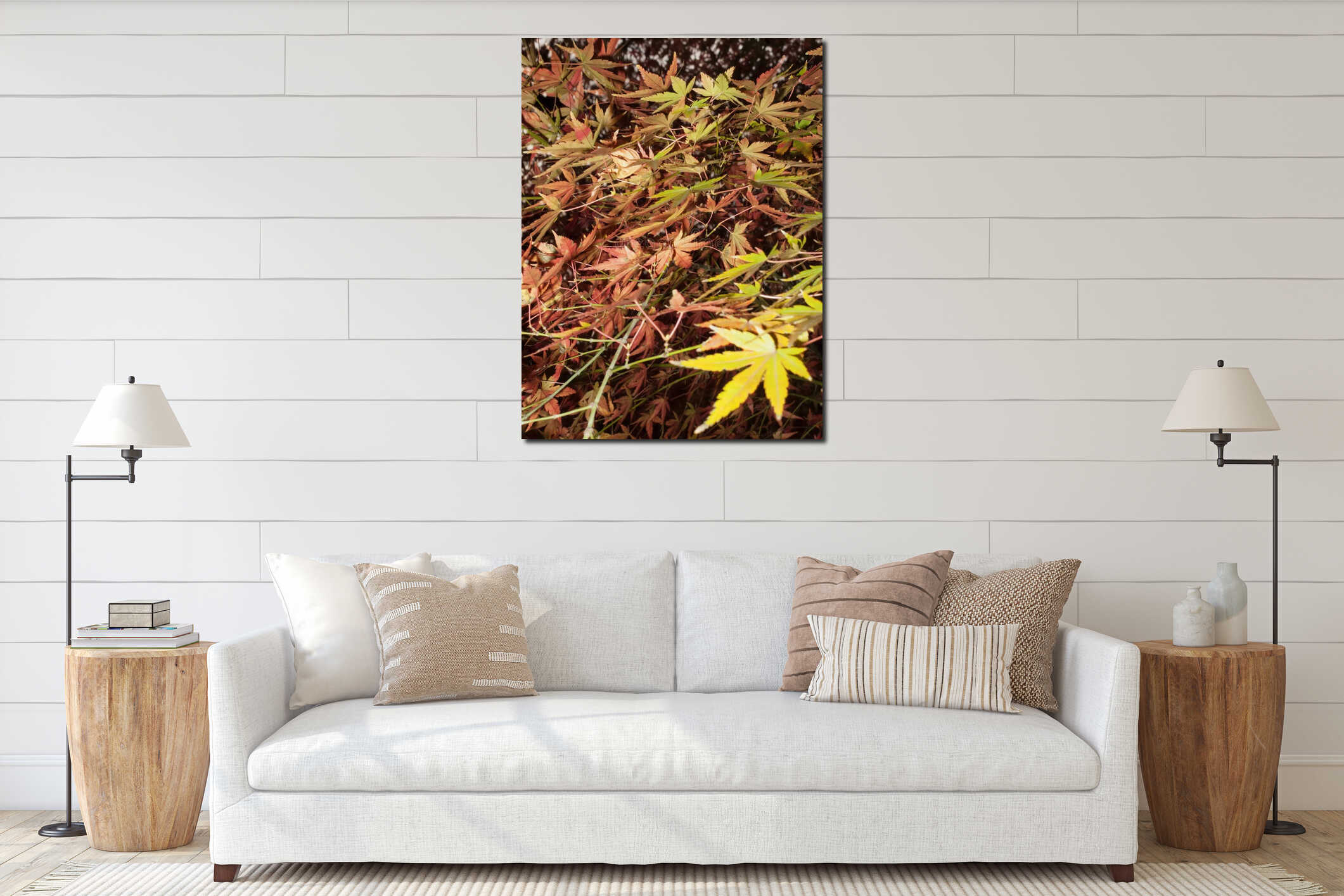 Close-up of red maple leaves on thin branches interior mockup