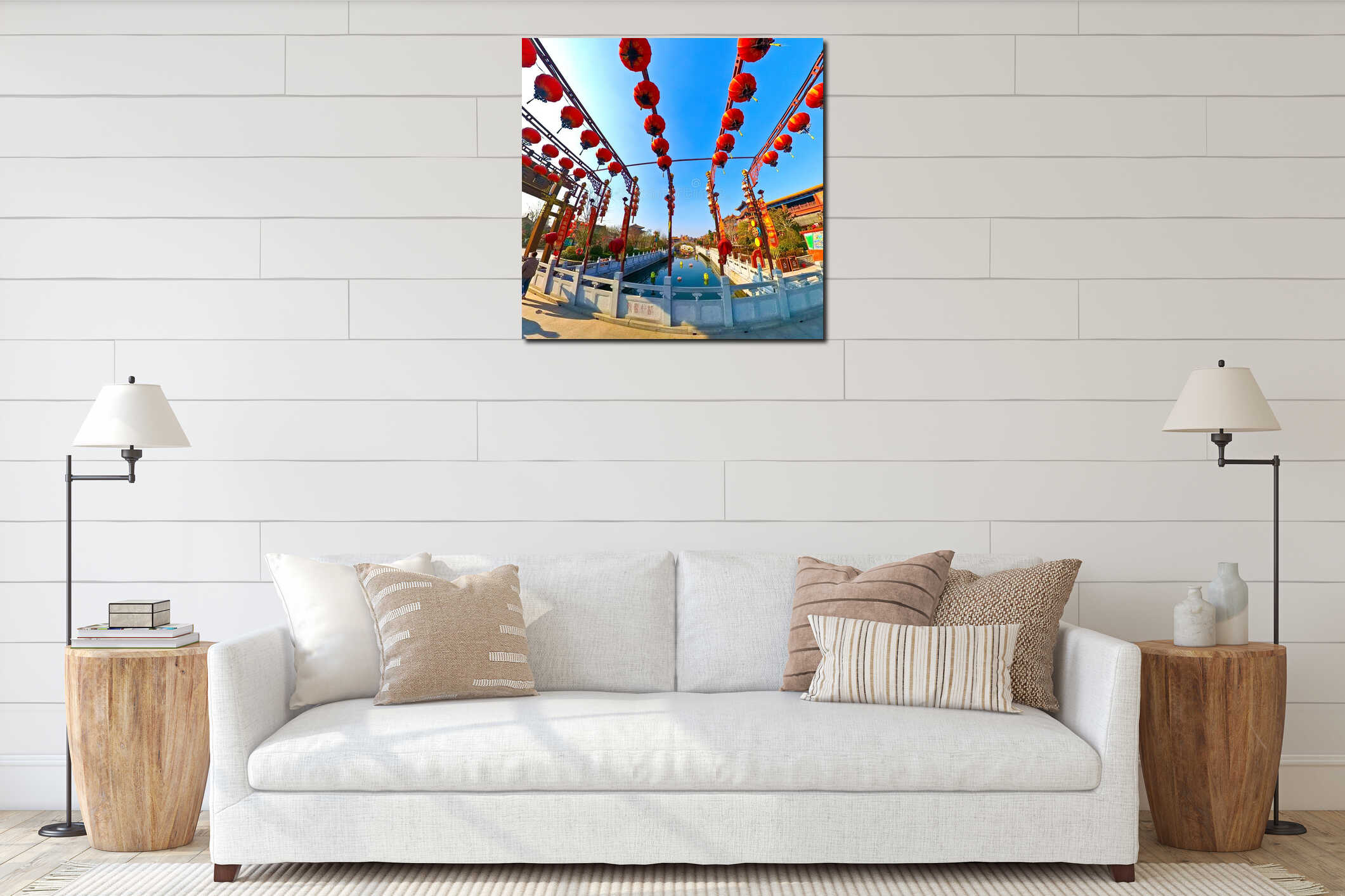 Dense cluster of bright red Chinese lanterns hanging overhead, interior mockup