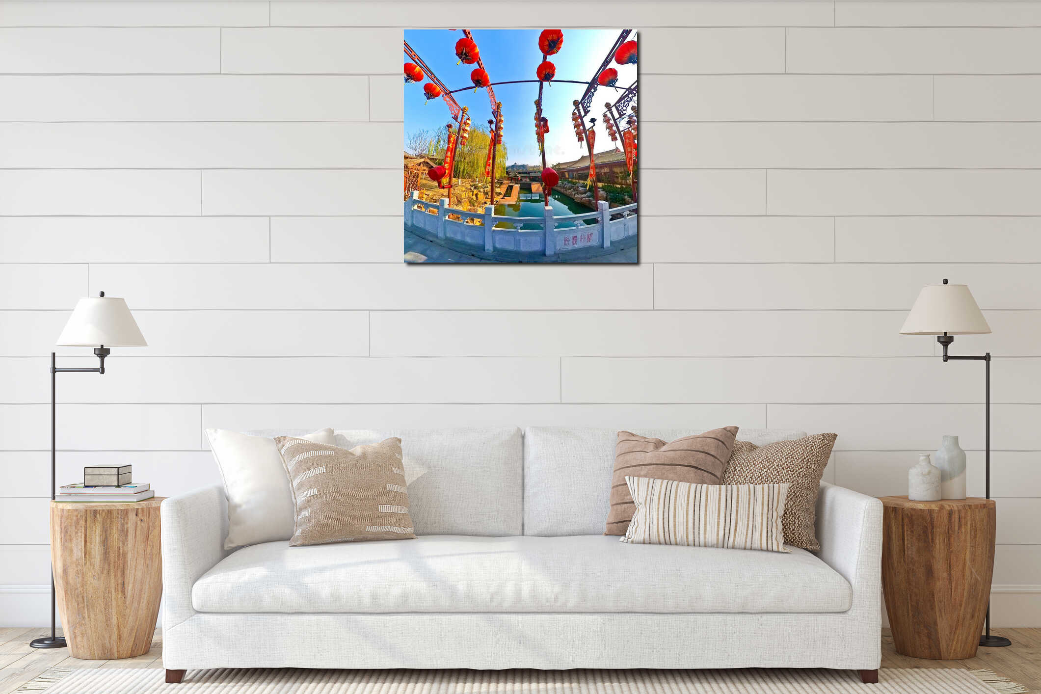 Dense cluster of bright red Chinese lanterns hanging overhead, interior mockup