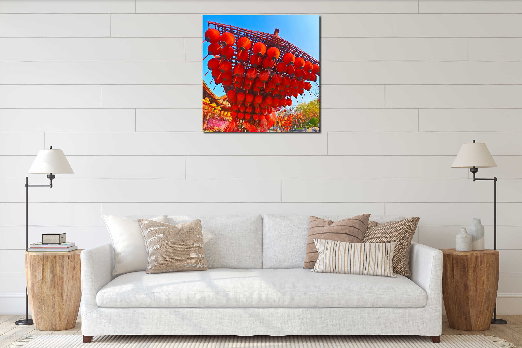 Dense cluster of bright red Chinese lanterns hanging overhead interior mockup