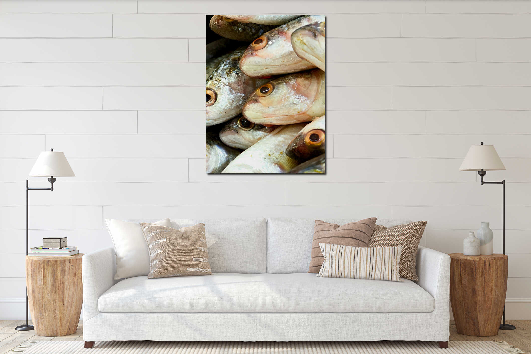 A detailed, vertical closeup shot of fresh silver fish stacked on top of each other at a seafood market interior mockup