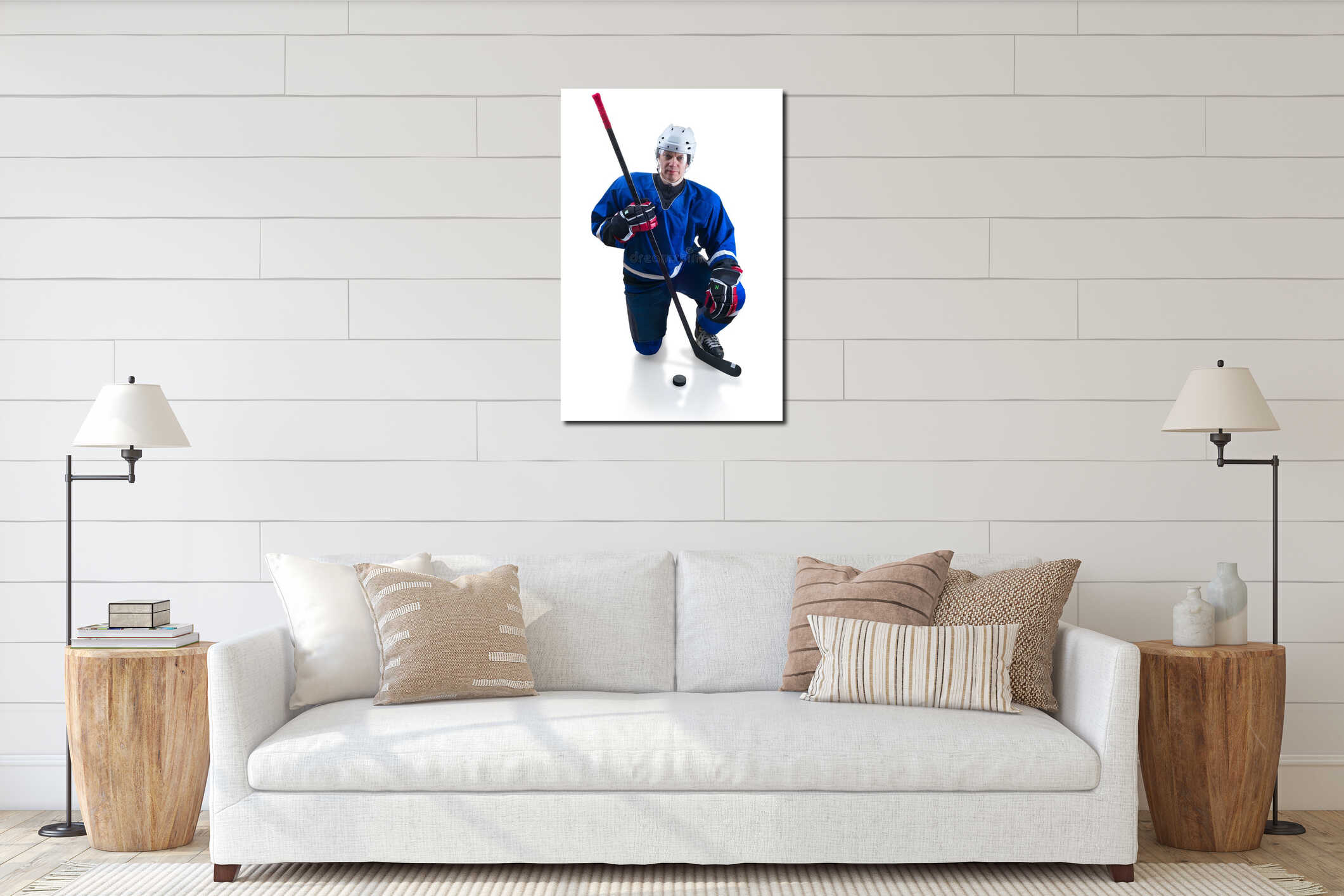 Hockey player in knee position interior mockup