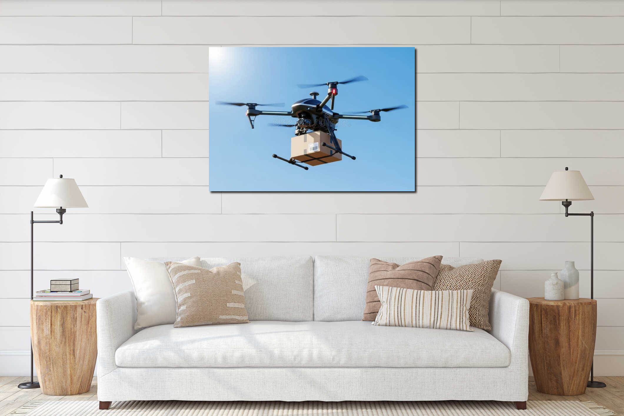 Drone delivering package mid-air on clear blue sky background interior mockup