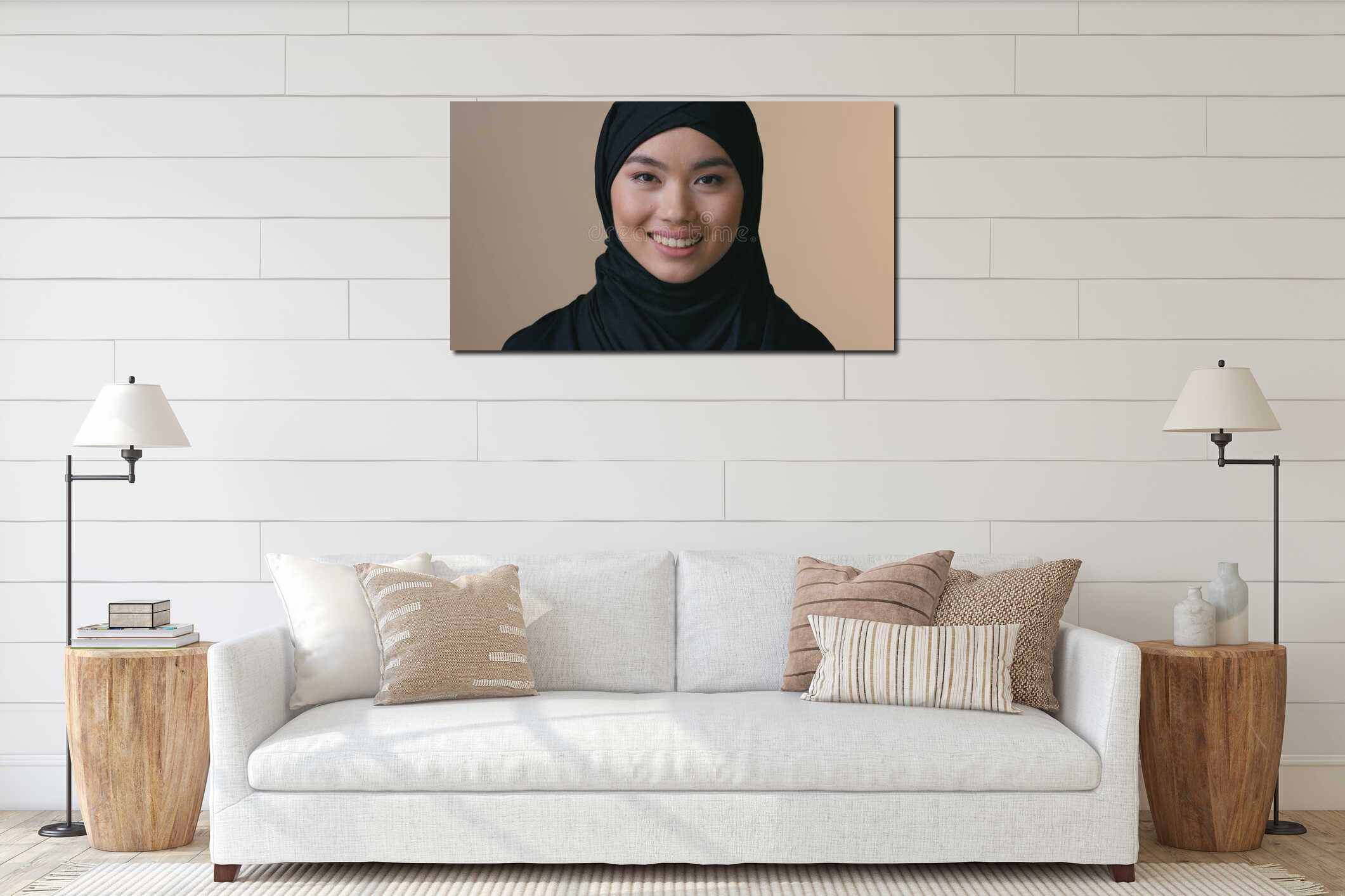 Smiling Asian Muslim business woman in hijab looking at camera indoor happy executive female professional workplace interior mockup