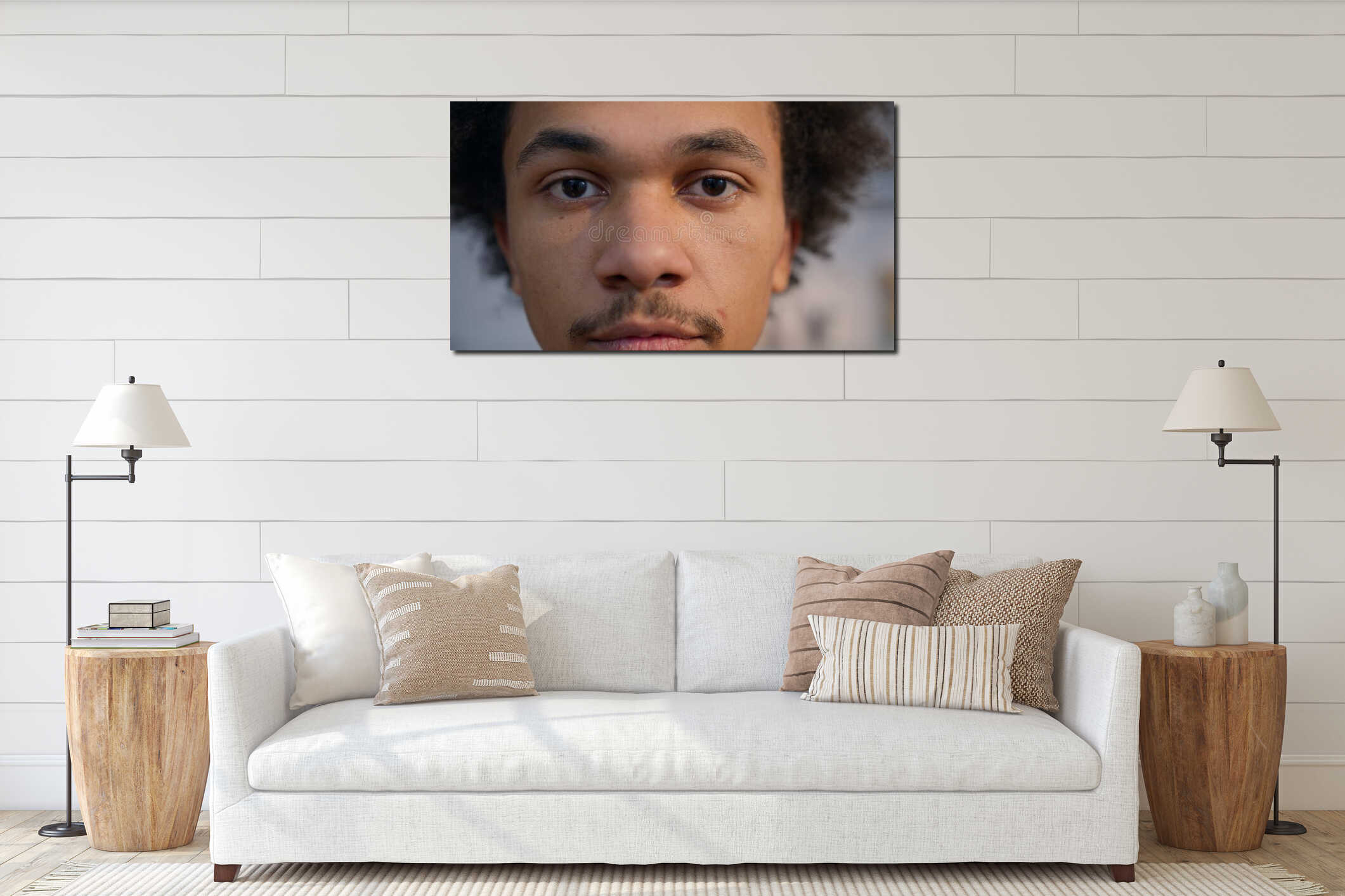 Extreme close up portrait African American man looking down eyes closed male guy ethnic young adult calm home indoors interior mockup
