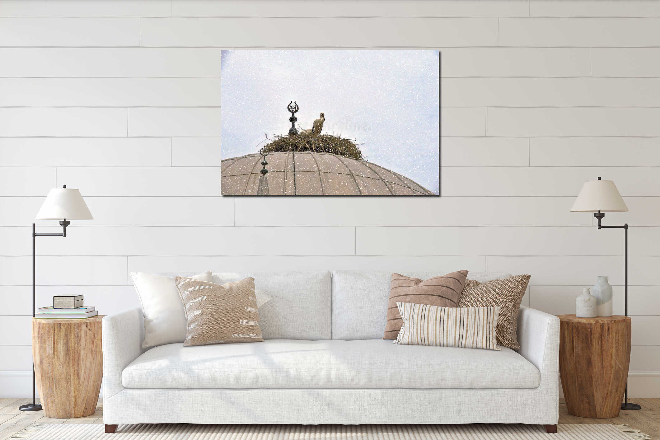 Storks Nesting on Mosque Dome in Winter Snow. interior mockup