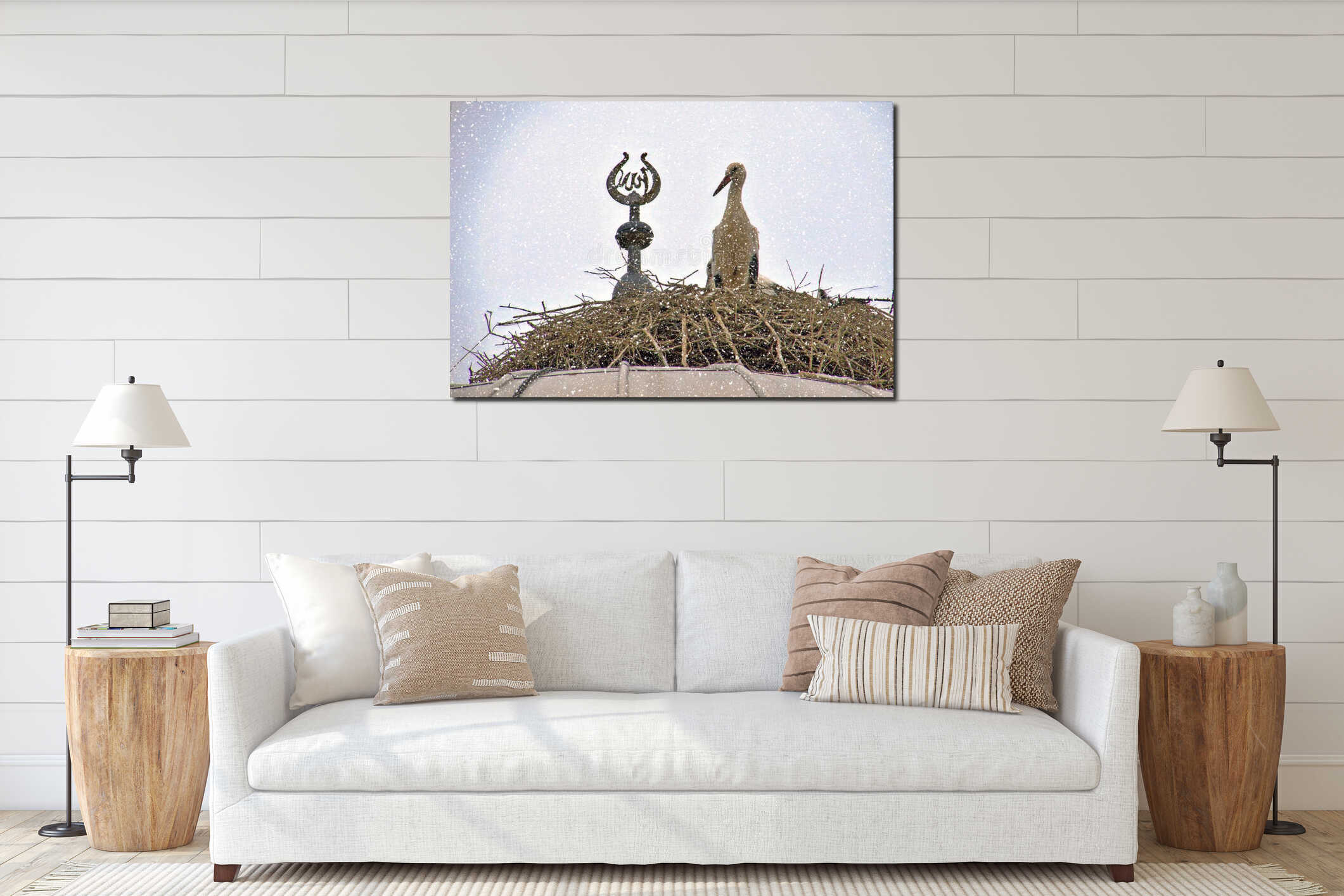 Storks Nesting on Mosque Dome in Winter Snow. interior mockup