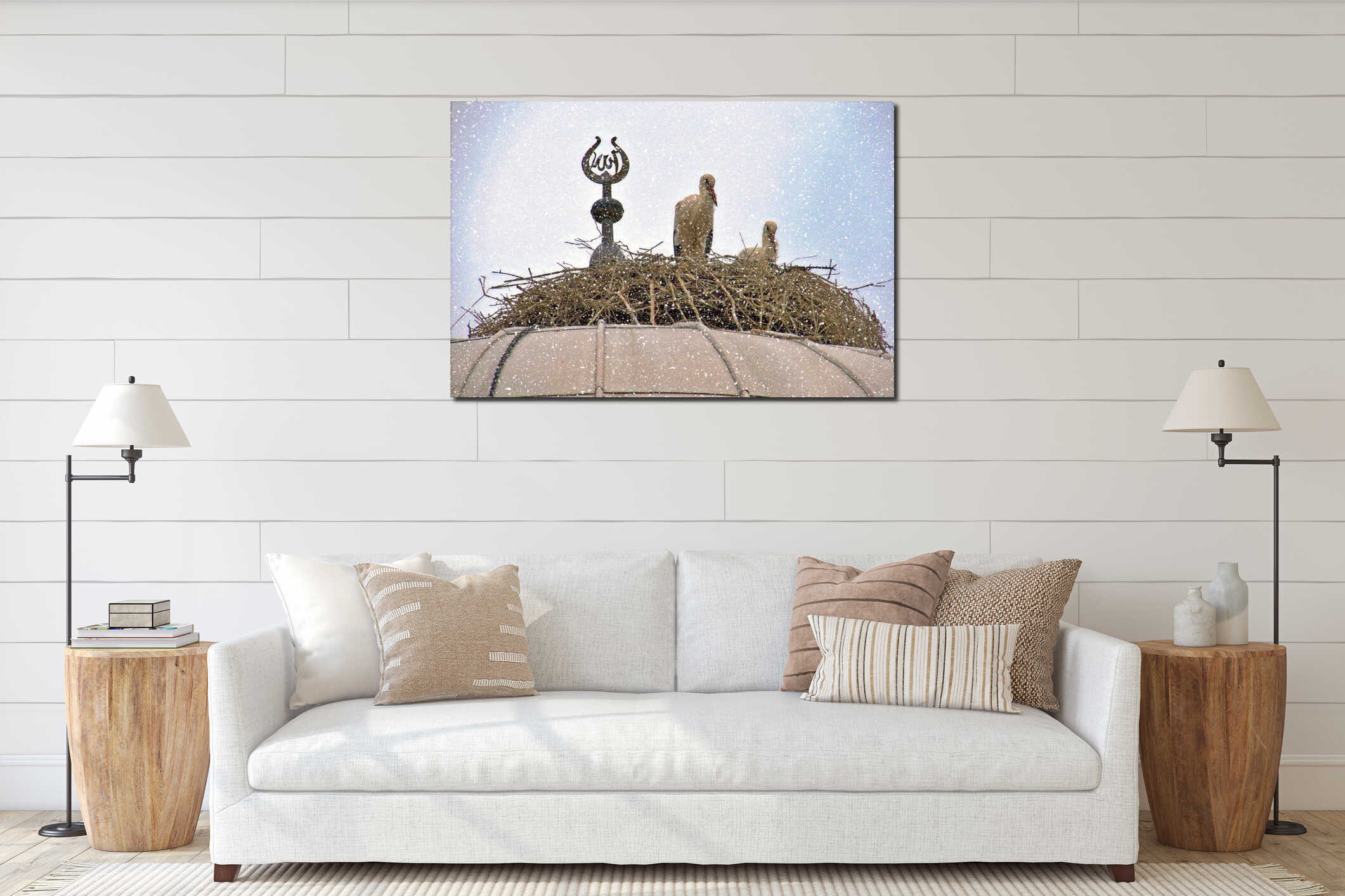 Storks Nesting on Mosque Dome in Winter Snow. interior mockup