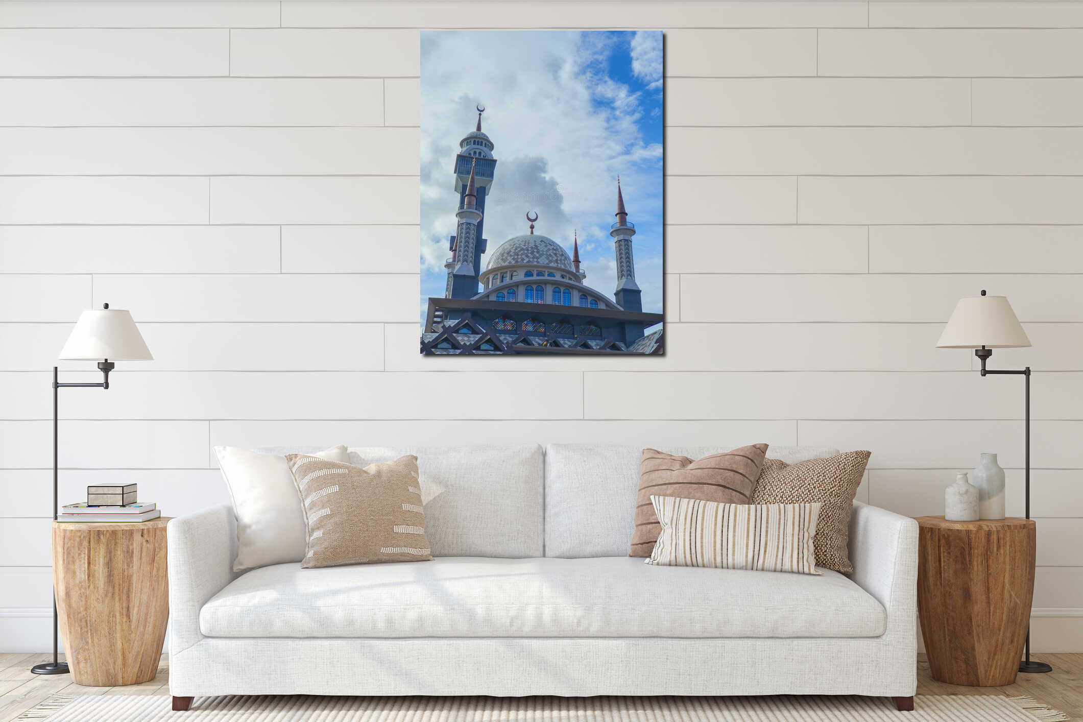 Modern mosque architecture with a large dome and tall minarets under a bright blue sky interior mockup