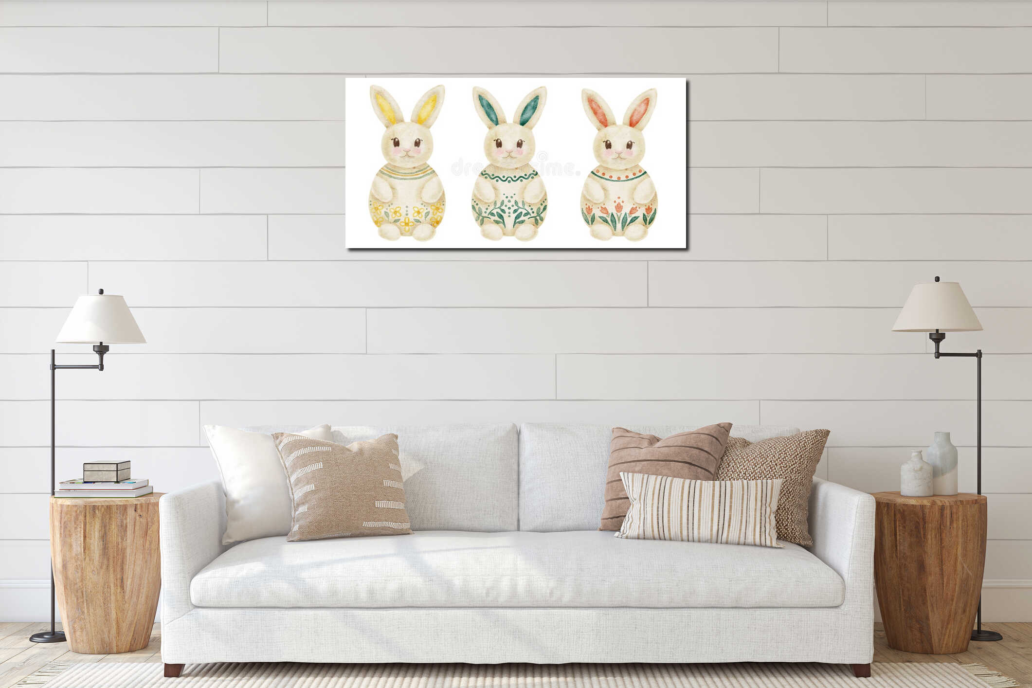 Easter rabbits in cream, sage green and soft yellow colors as watercolor clipart, hand drawn for spring projects. Suitable for interior mockup