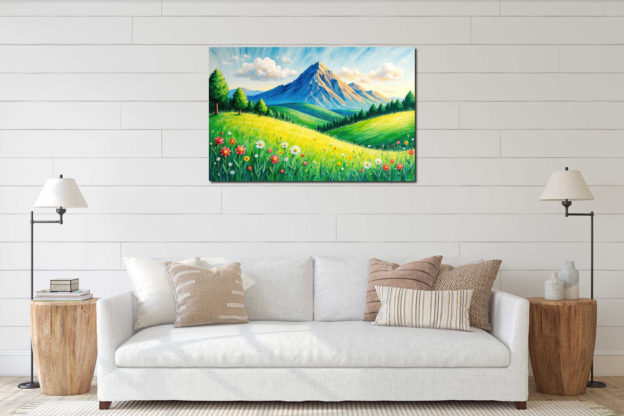 Mountain meadow with wildflowers and rolling green hills beneath a bright blue sky interior mockup