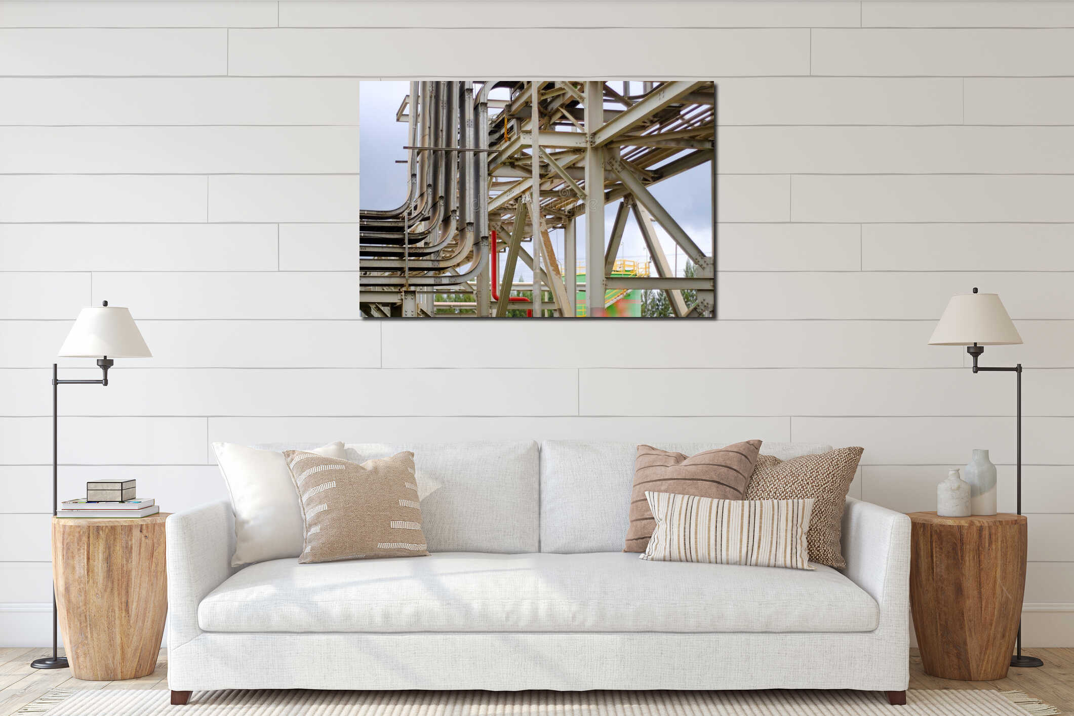 Industrial Steel Structure with Interconnected Pipes and Beams Showcasing Complex Engineering in a Power Plant or Factory Setting interior mockup