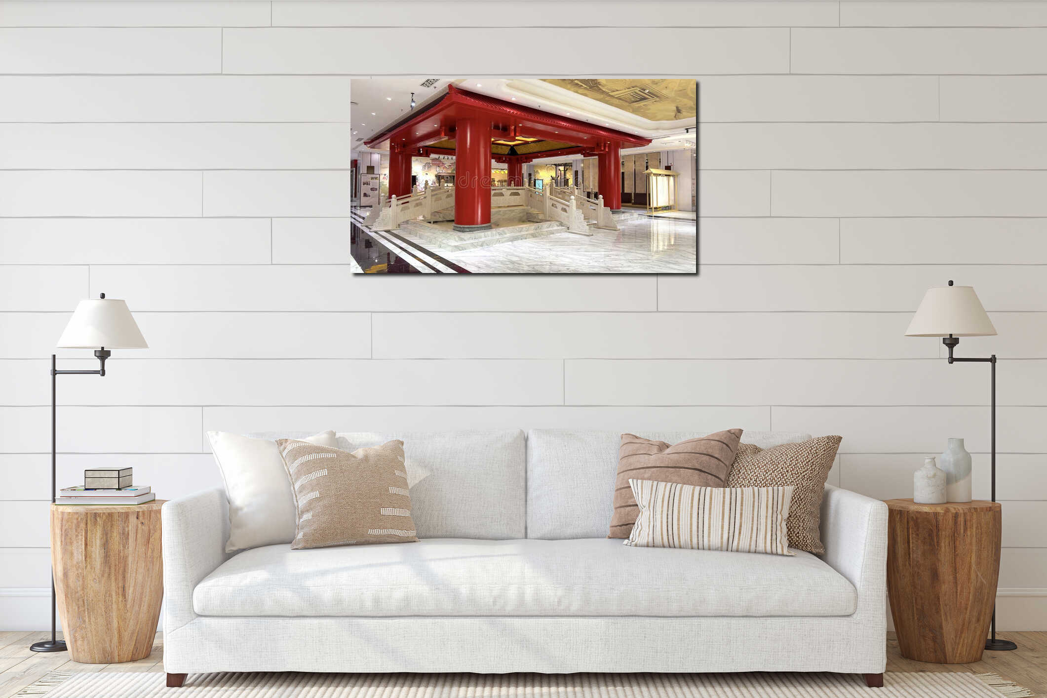 Large red building with a white marble floor interior mockup