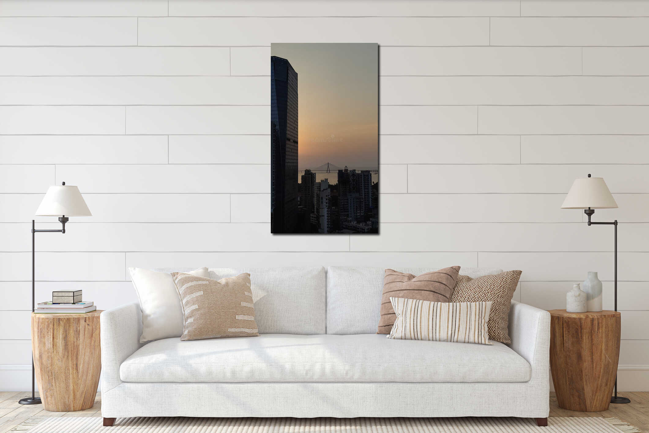 City buildings with sea bridge at sunset interior mockup