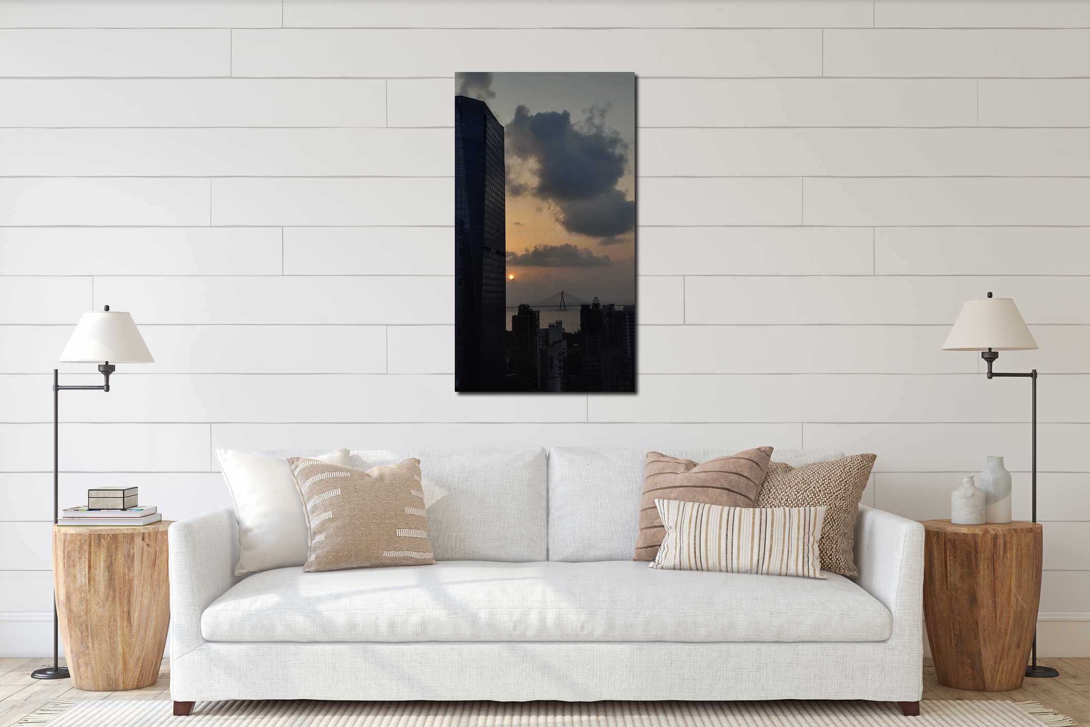 City buildings with sea bridge at sunset interior mockup