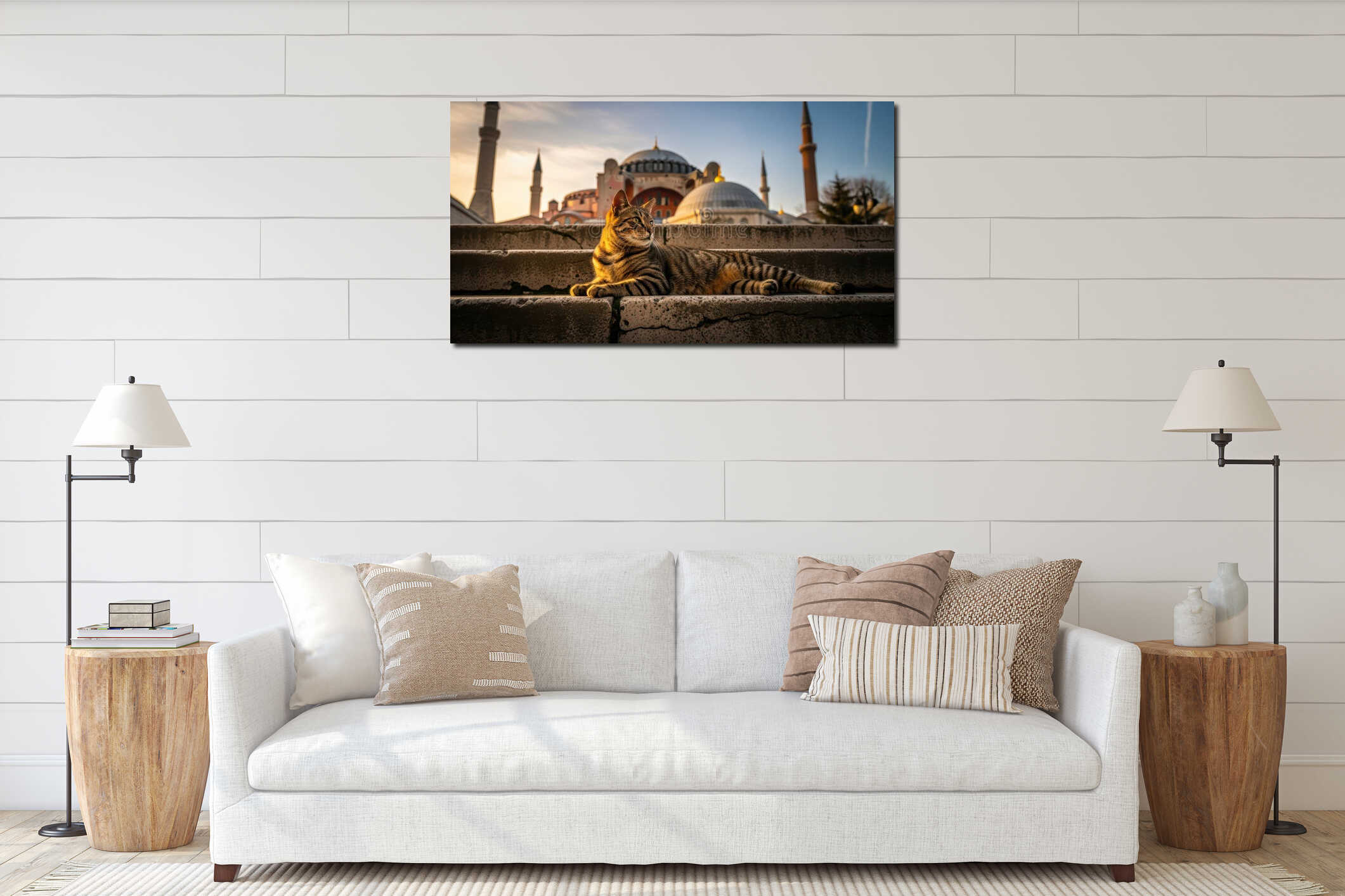 Majestic tabby cat relaxing on ancient steps with historic istanbul mosque in the background at sunset interior mockup