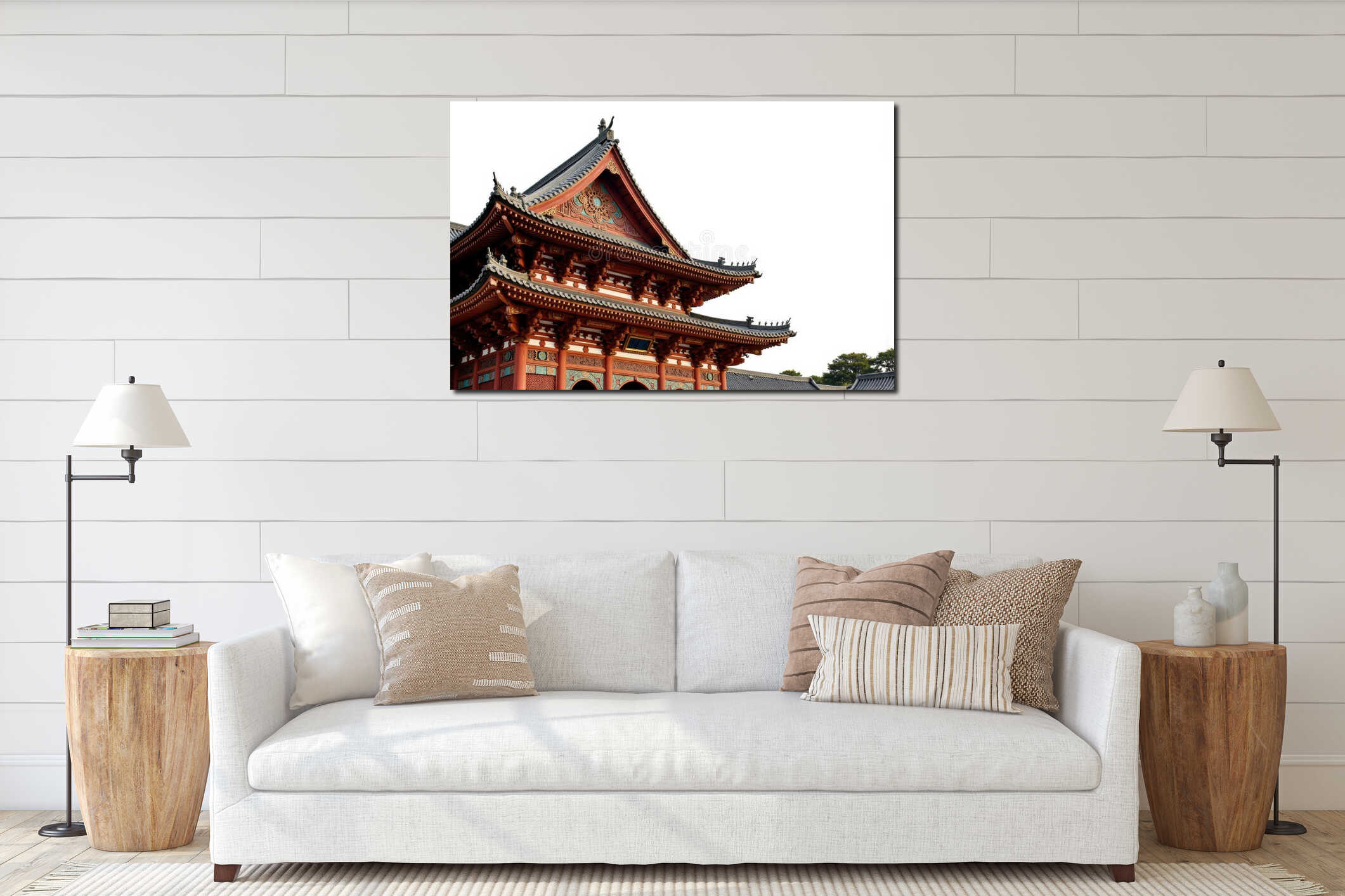 Traditional Japanese temple roof with ornate wooden architecture and tiles interior mockup