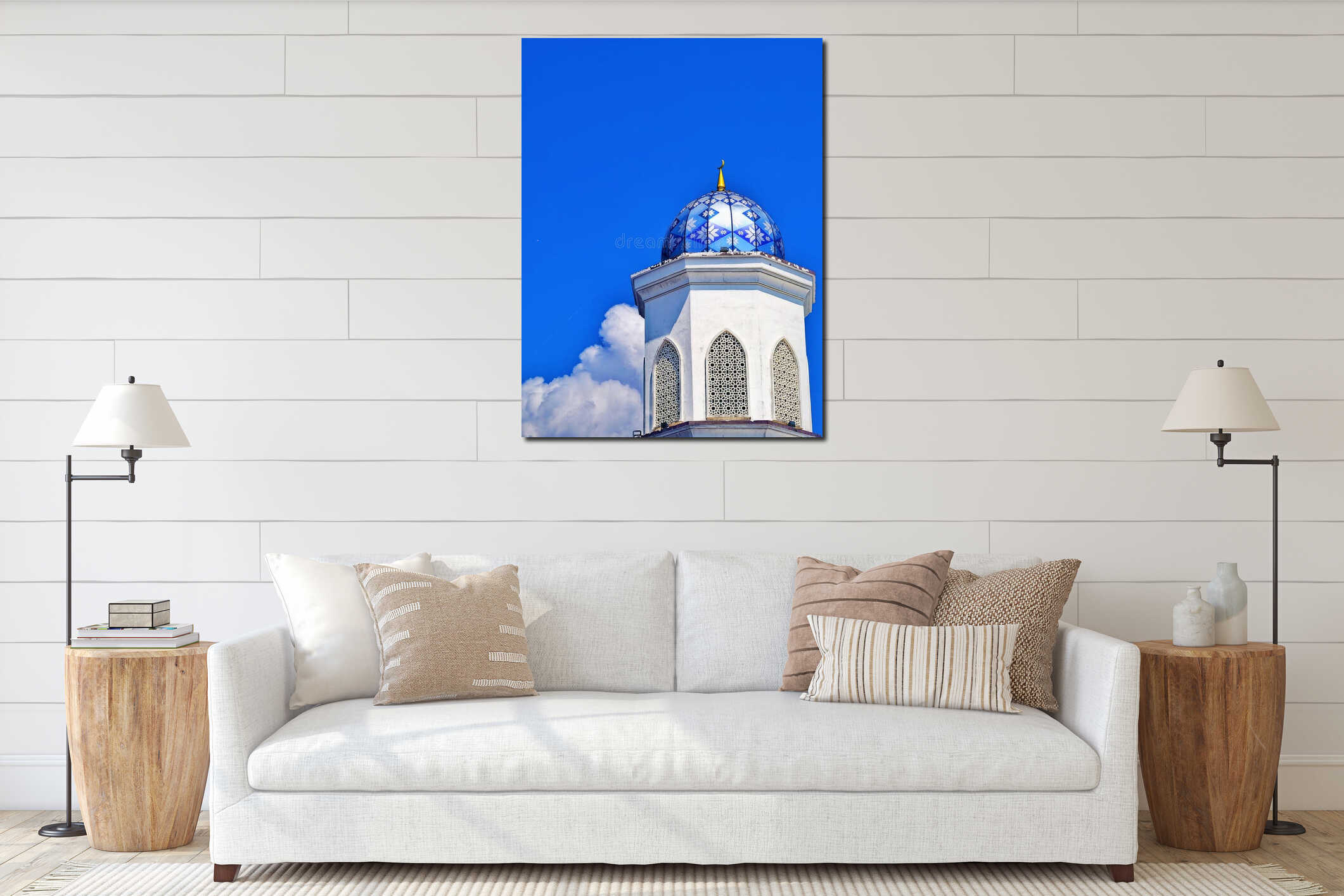 Mosque Minaret with Blue Dome Against Clear Blue Sky interior mockup