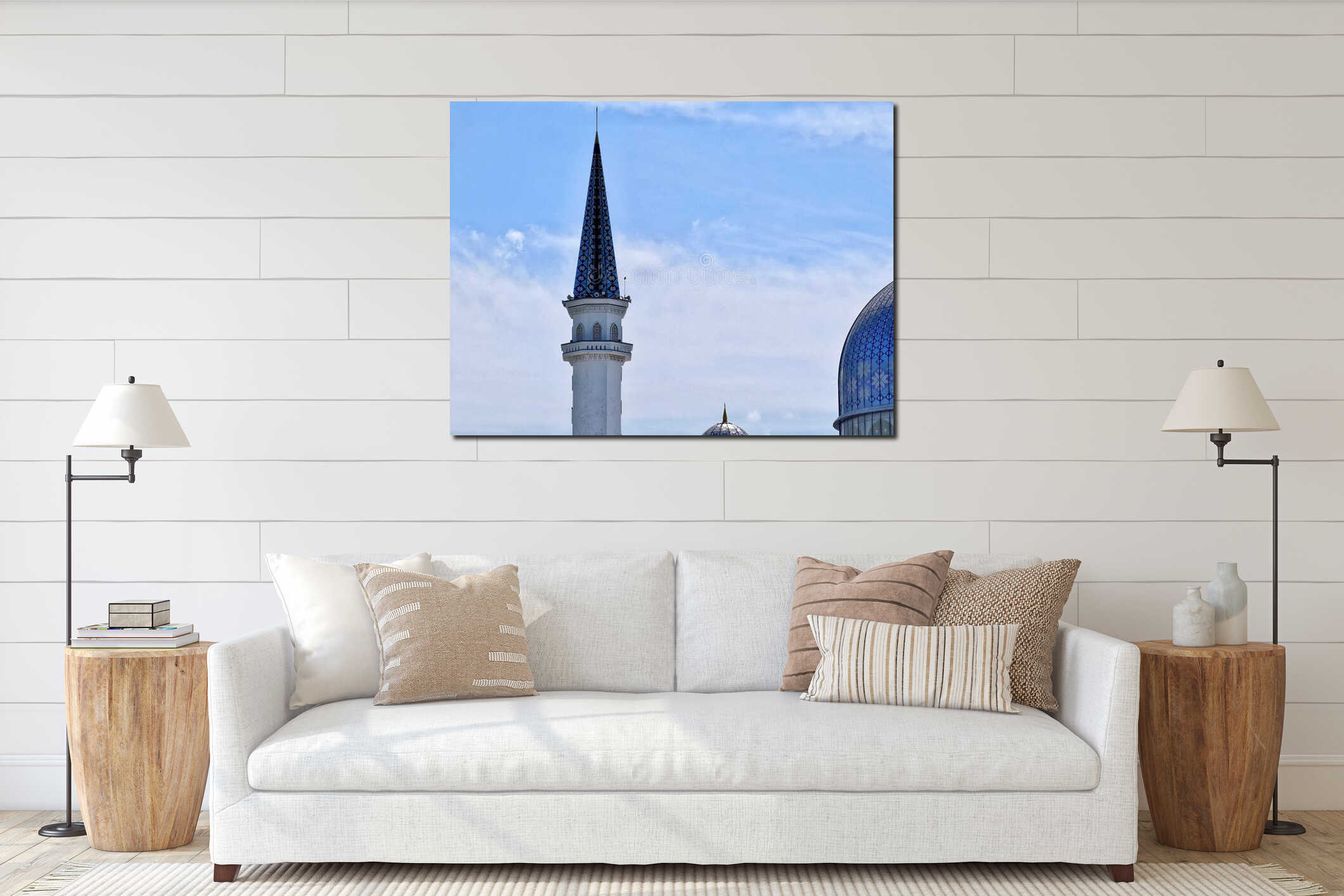 White Mosque Minaret with Blue Pointed Dome Against Clear Sky interior mockup