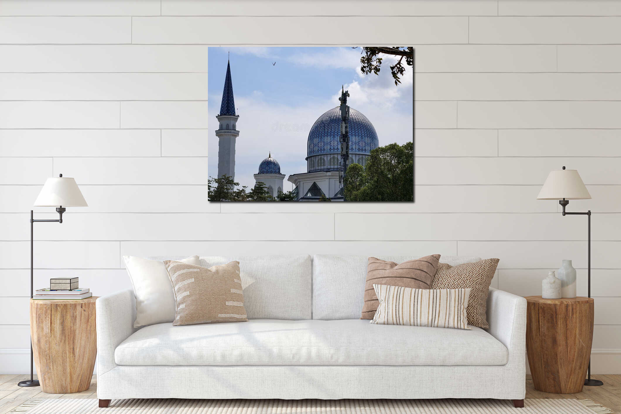 Blue and White Mosque Domes and Minaret Surrounded by Greenery interior mockup