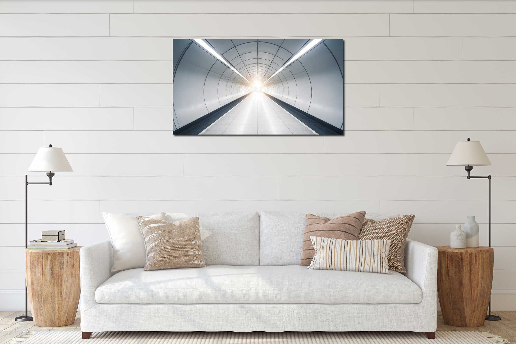 Modern tunnel with bright light at the end, futuristic design, perspective view. interior mockup
